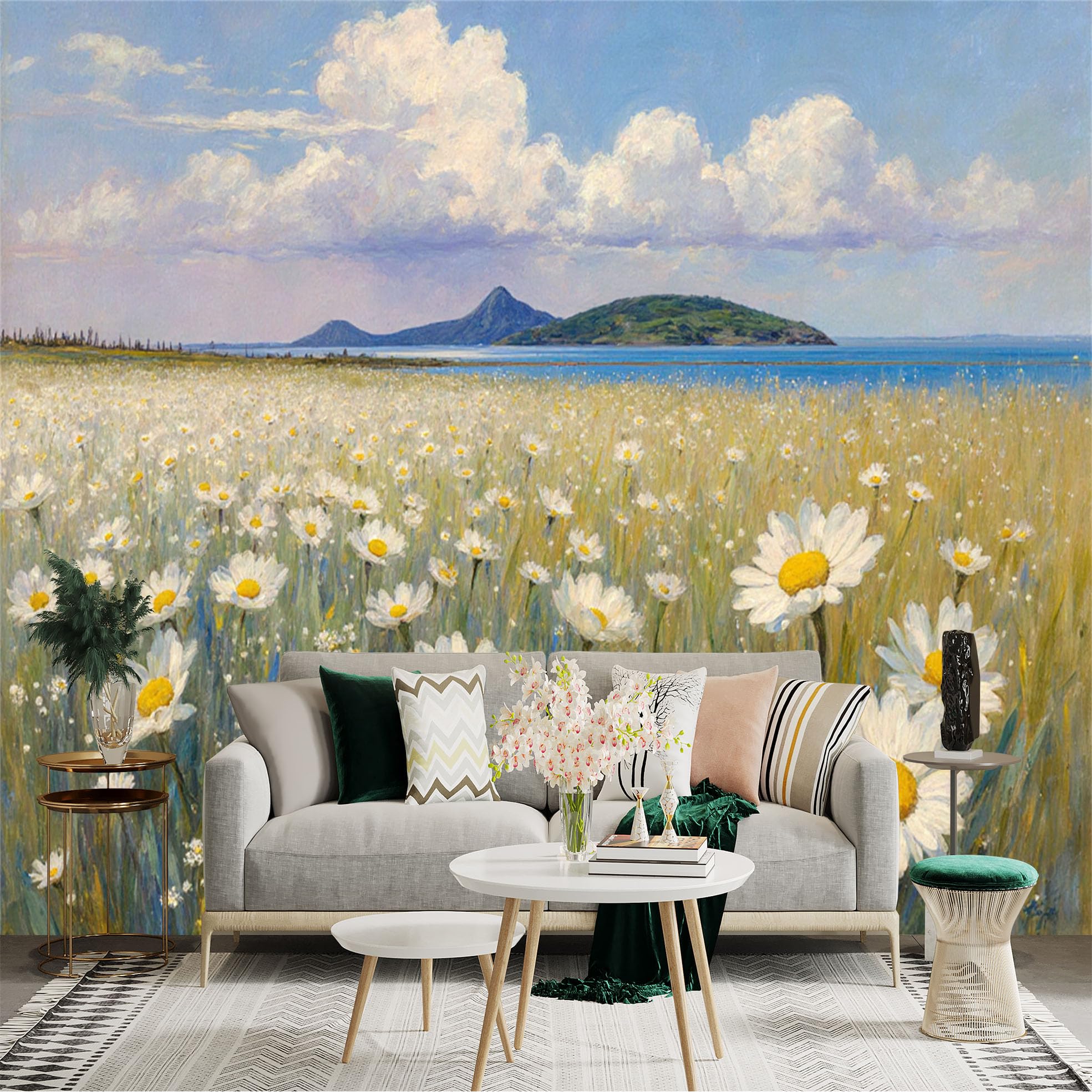 Custom Size Wall Sticker Mural， White Wildflower Meadow， Coastal Landscape， Bright Summer Morning， Scenic Lake View， for wall Decoration， peelandstick wall Decals.