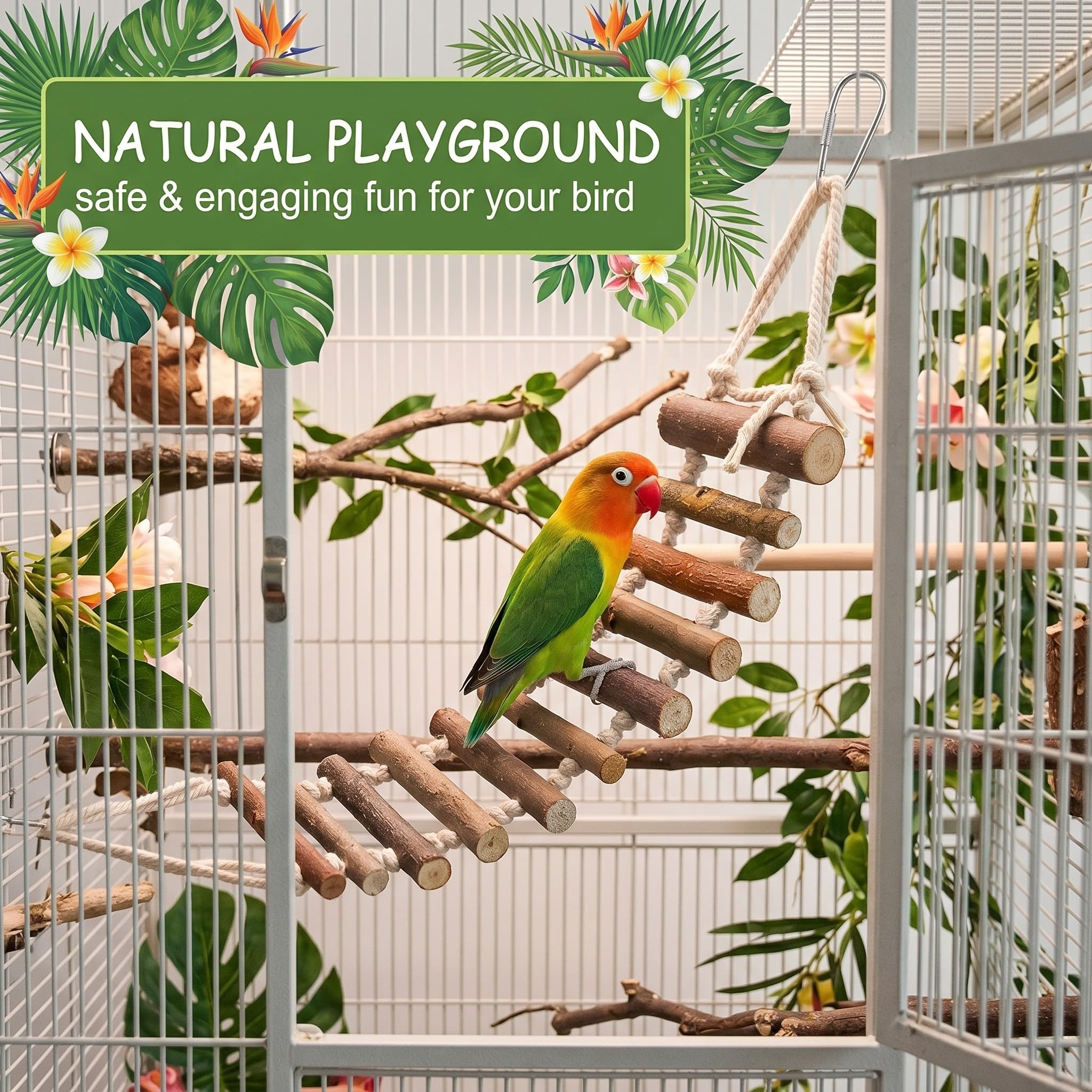 Echelle Pour Perroquet En Bois Naturel 8cm De Large, Pont Suspendu Pour Oiseaux Et Calopsittes, Accessoire Pour Cage À Oiseaux Idéal Pour Grimper Et Faire De L'Exercice, Jouet Perroquet Divertissant