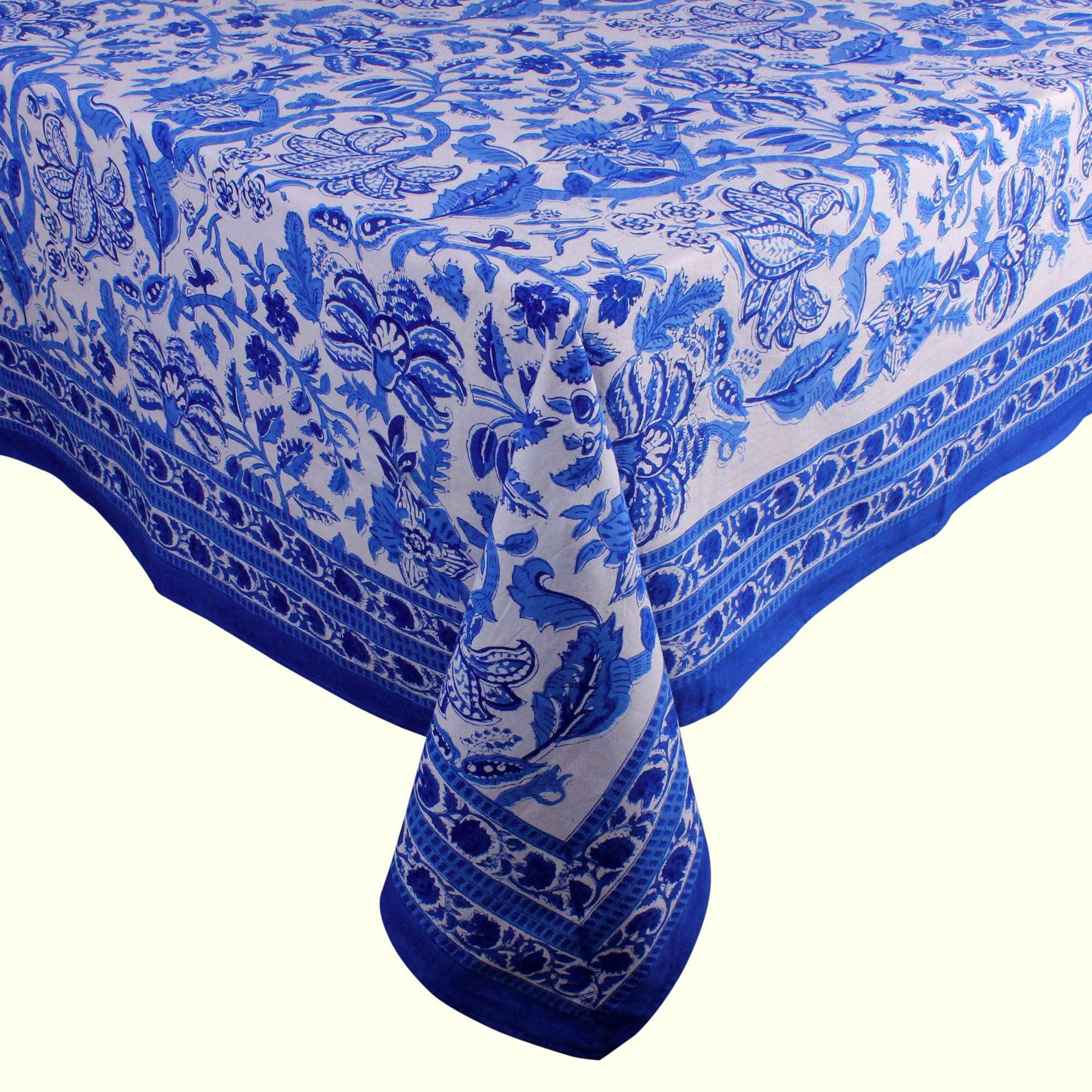 THE Unltd India Royal Blue 100% Cotton Rectangle Tablecloth, Block Print Summer Floral Dining Table Cloth, 60 x 90 Inch - Image 3