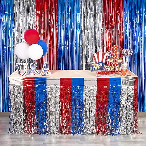LOLStar Decoraciones del 4 de julio, paquete de 2 faldas de mesa con flecos metálicos ondulados rojos, blancos y azules para mesas rectangulares y