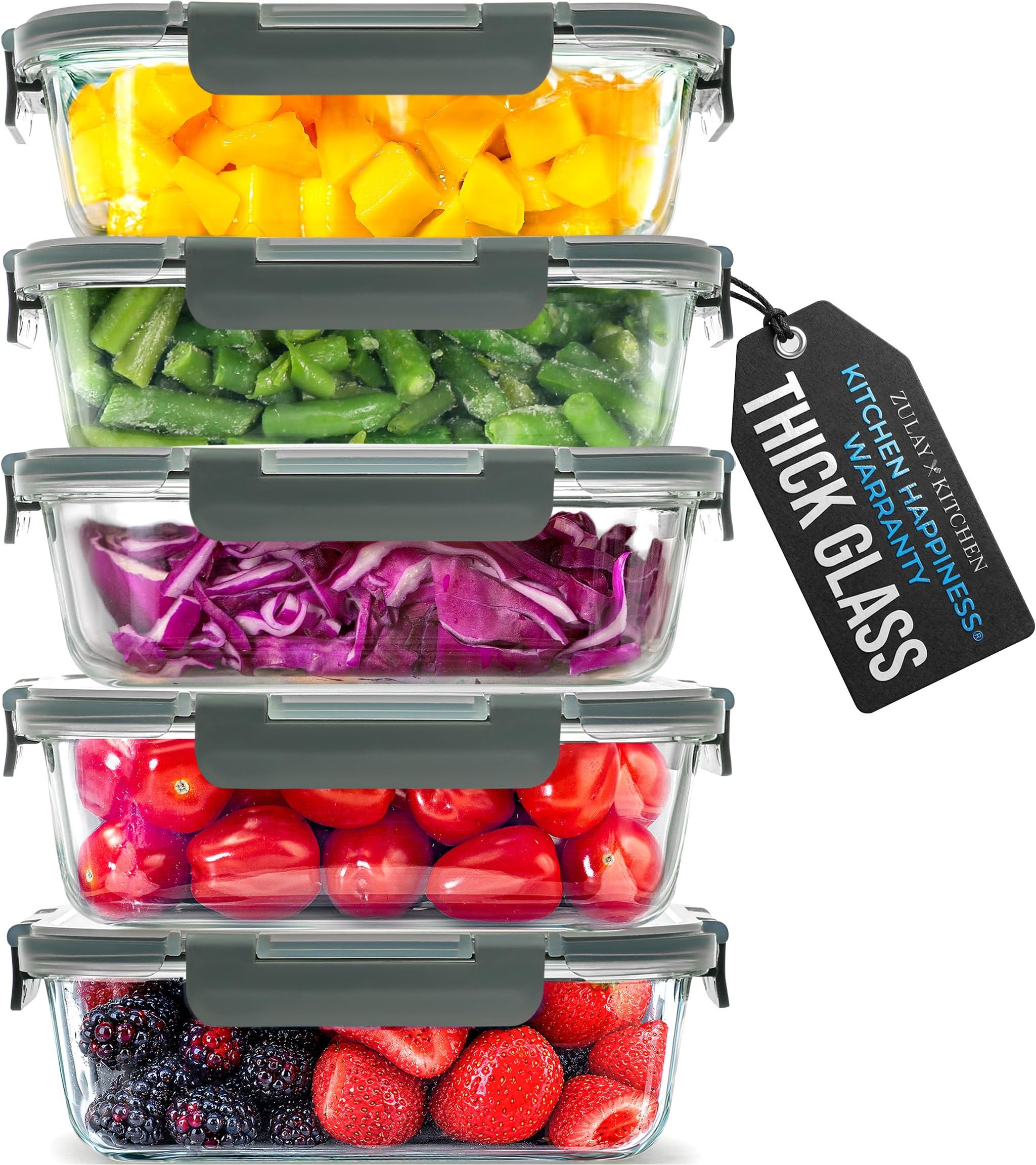 Zulay Kitchen 5 Piece Large 36oz Glass Storage Container Sets with Lids - Premium BPA Free Borosilicate Glass Food Storage Containers - Leak-Proof Meal Prep - Microwave, Freezer & Oven Safe - Gray