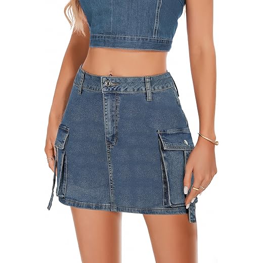 PEIQI Sexy High Waist Cargo Skirt for Women Stretchy Button Mini Cargo Denim Skirt with Pockets