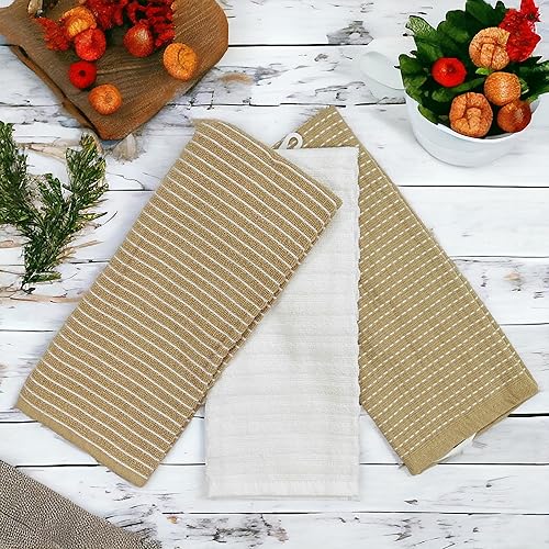 Miniatura 5 de Toallas de cocina blancas de gran tamaño 100% algodón, suave, absorbente, surtido de rizo acanalado, juego de 4 multiusos para uso diario (beige