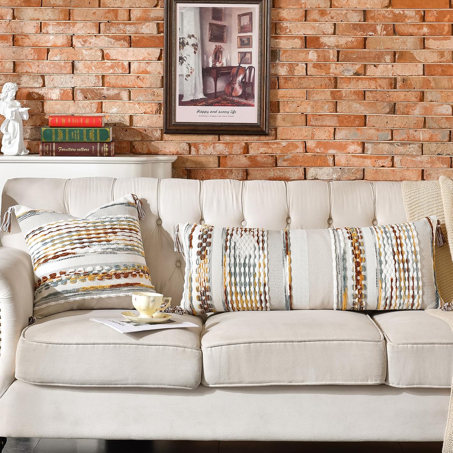 AmHoo Chenille Striped Textured Boho Throw Pillow Covers Aesthetic with Tassels Woven Decorative Pillow Case for Couch Bed Sofa Bedroom Modern Funky 18 x 18-Inch Brown - Image 6