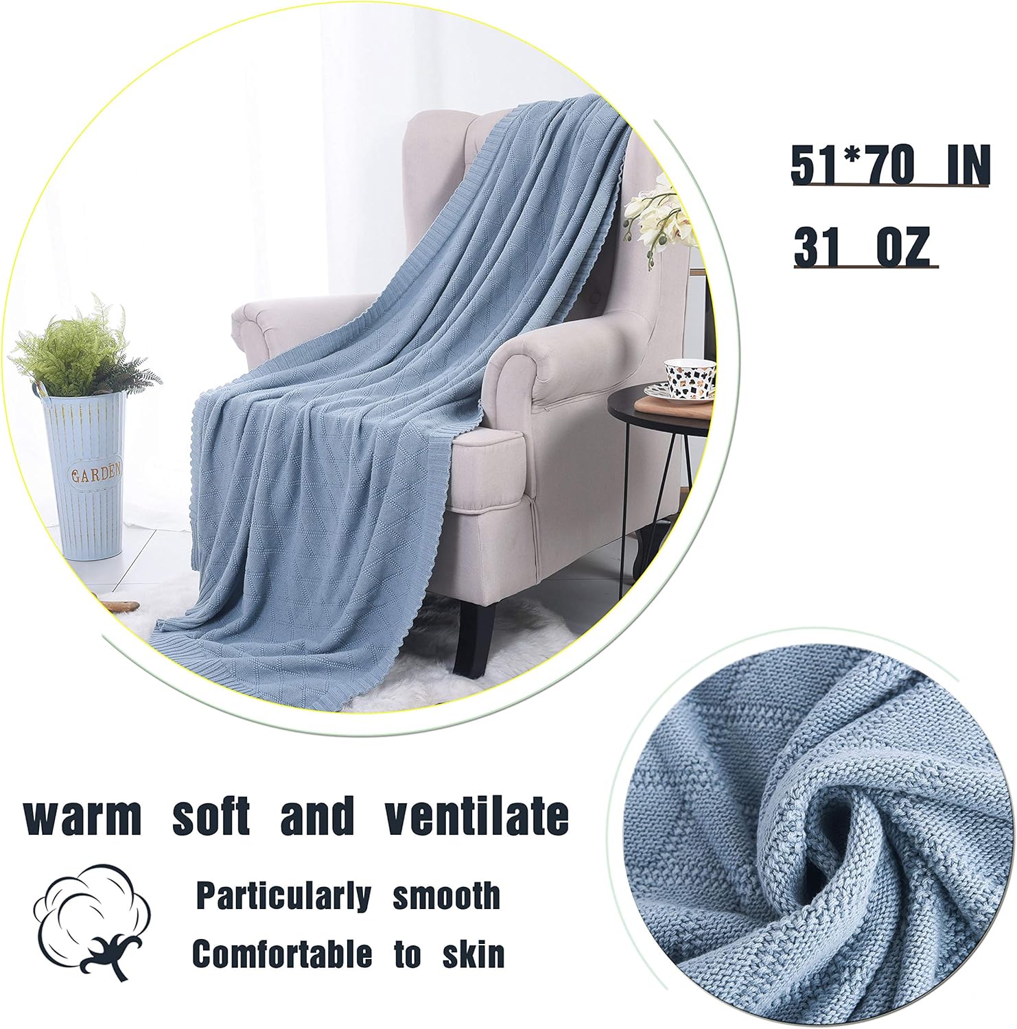 Soft Throw Blanket, Bed Knit Throw Blanket for Couch Chairs Home Decorative 51x70in,Pale Blue