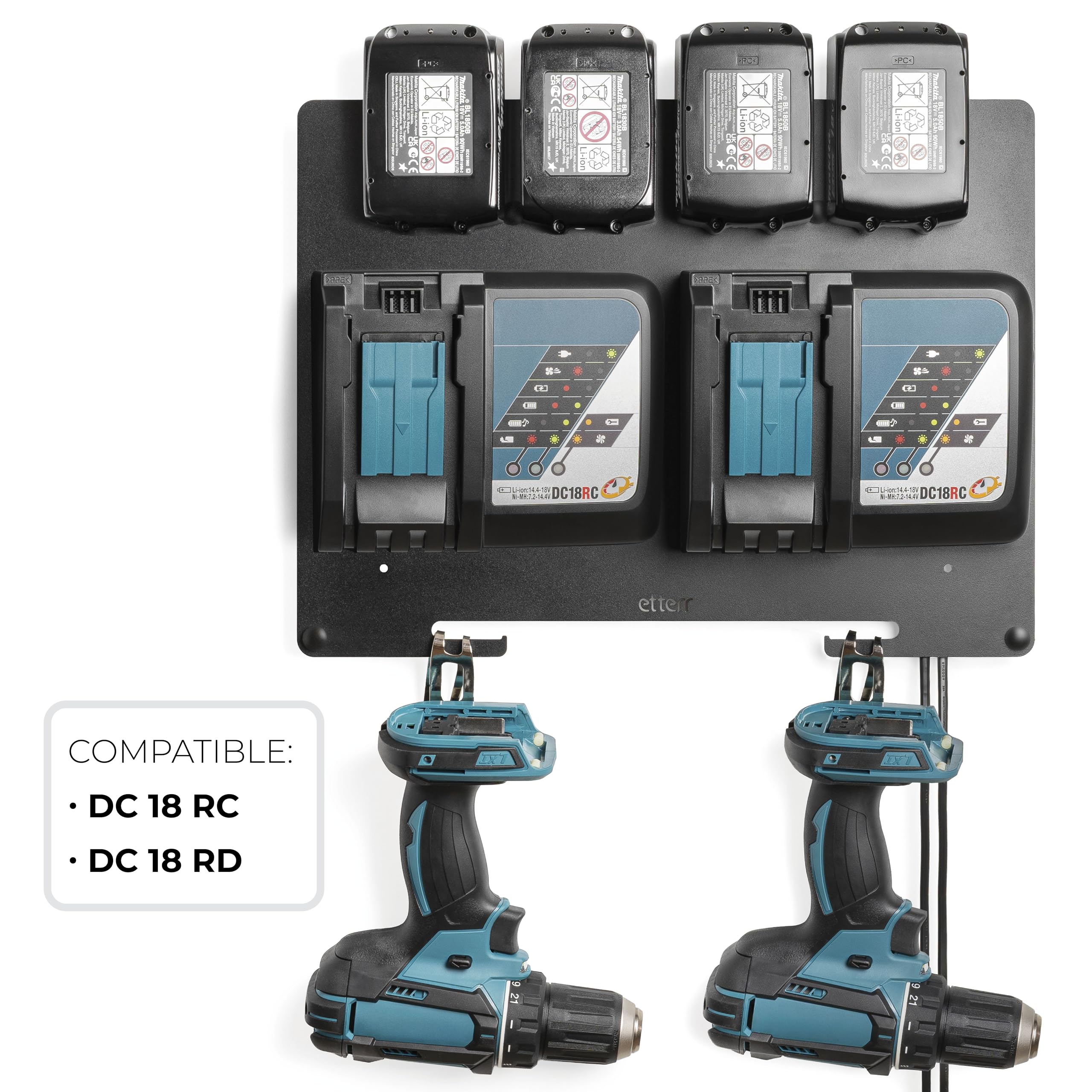 • Support métallique mural pour batteries et chargeurs Makita 18 V LXT • Compatible avec DC18RC et DC18RD • Station de charge • Panneau d'outils et crochet de perceuse