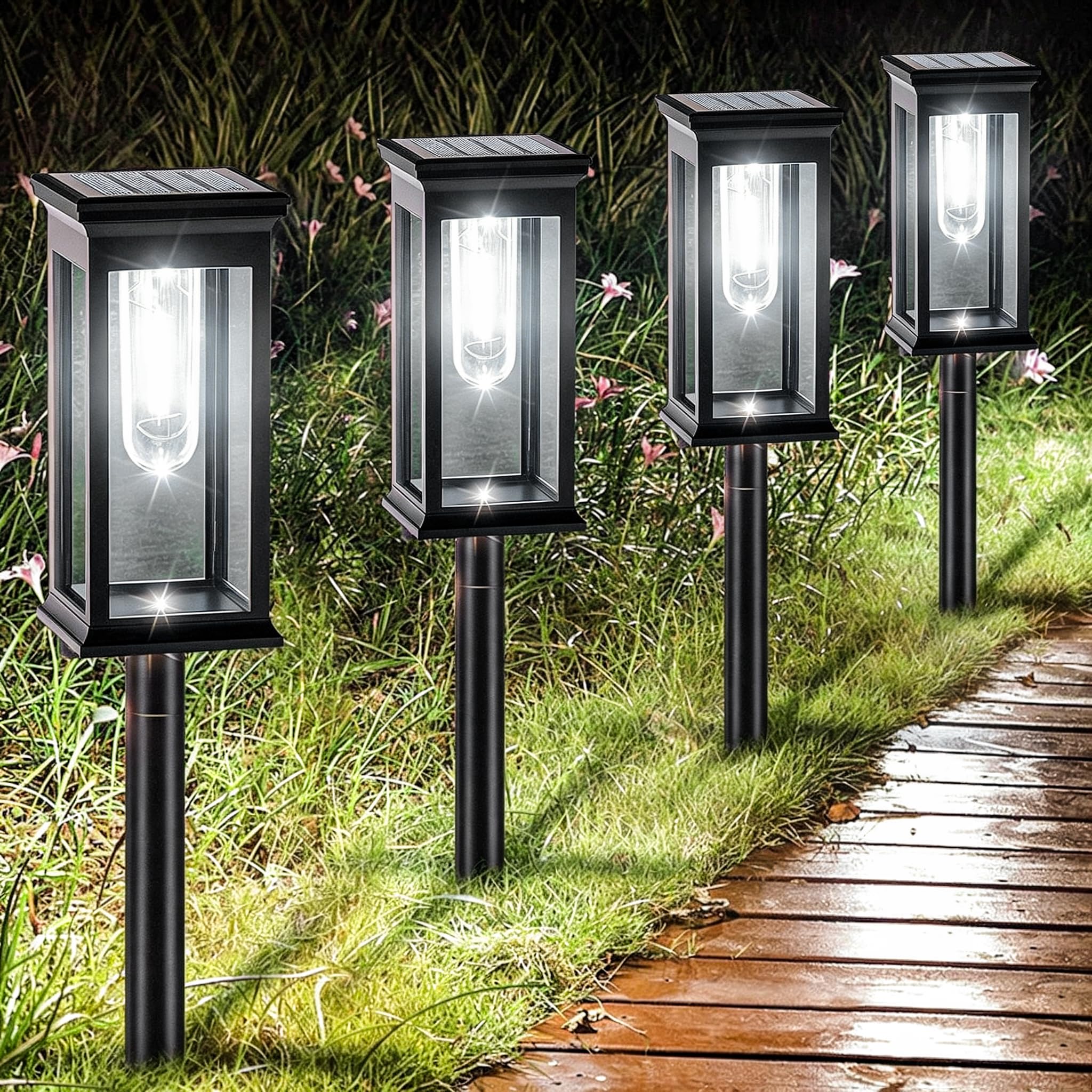 Lampe Solaire Exterieur Jardin, Lot de 8 Etanchéité IP65 Luminaire Solaire Exterieur Jardin, Interrupteur Automatique Lampe Solaire pour Balcon, Chemin, Pelouse, Extérieur, Blanc