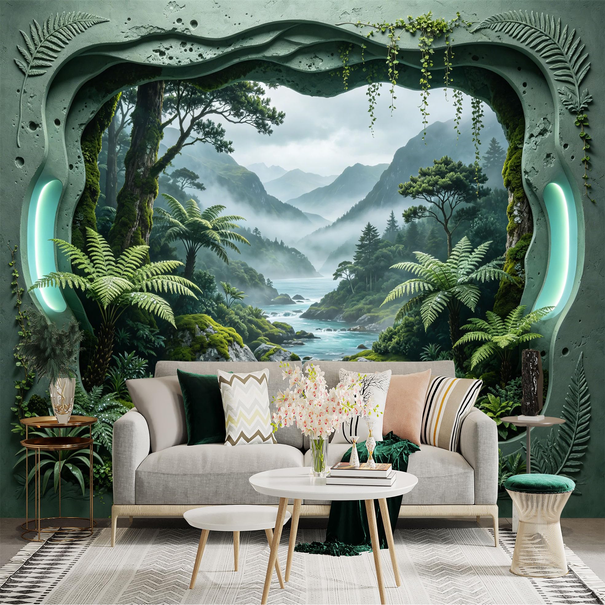 Custom Size Wall Sticker Mural， Fantasy Forest River with Mountains， Mist and Lush Green Plants， for wall Decoration， peelandstick wall Decals.