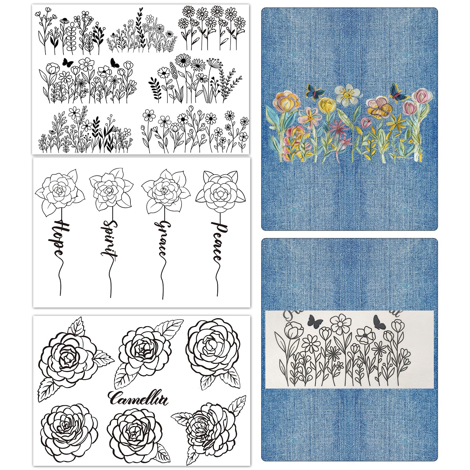Rngmsi Water Soluble Embroidery Patterns - 3 Sheets Flower Stick and Stitch Embroidery Designs, Floral Camellia Theme Wash Away Transfer Paper Stabilizers for Hand Sewing
