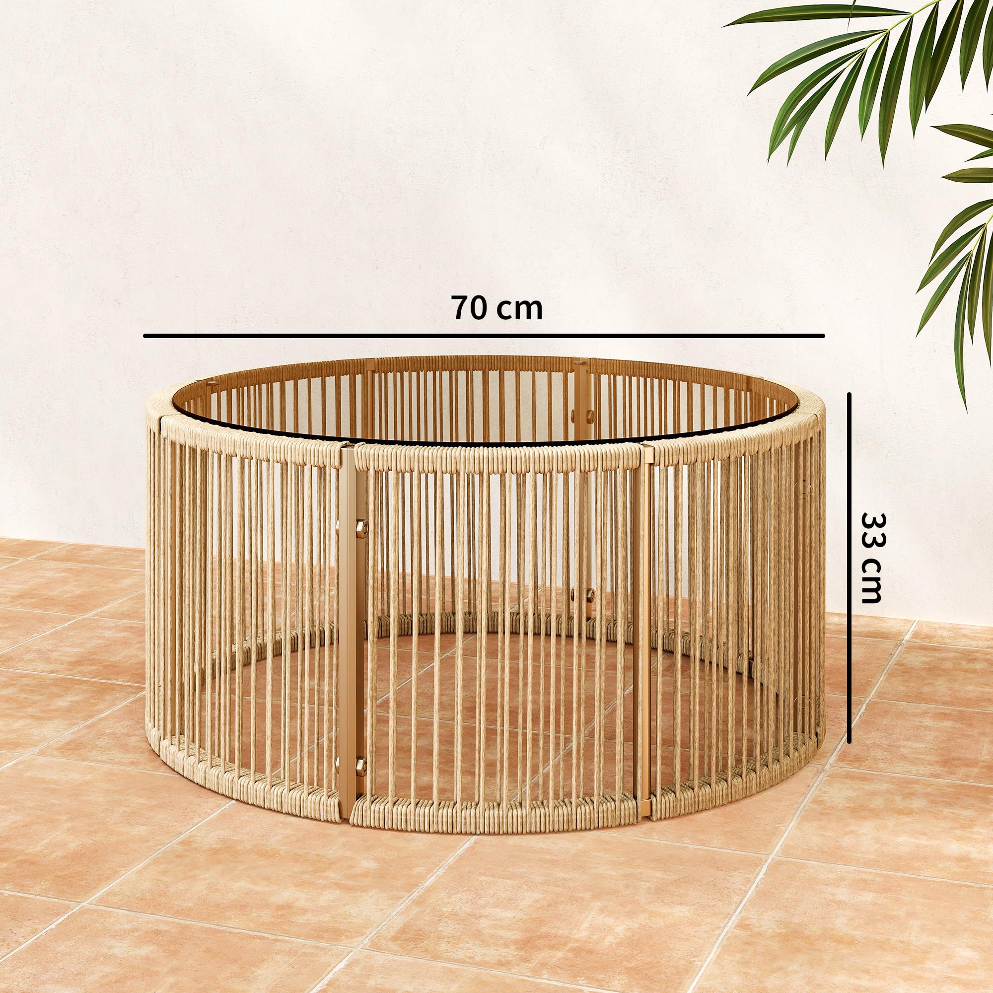 Outsunny Table Basse de Jardin Ronde en Résine Tressée, Table d'Appoint avec Plateau en Verre Trempé et Cadre en Acier Galvanisé, 70x70x33cm, Marron
