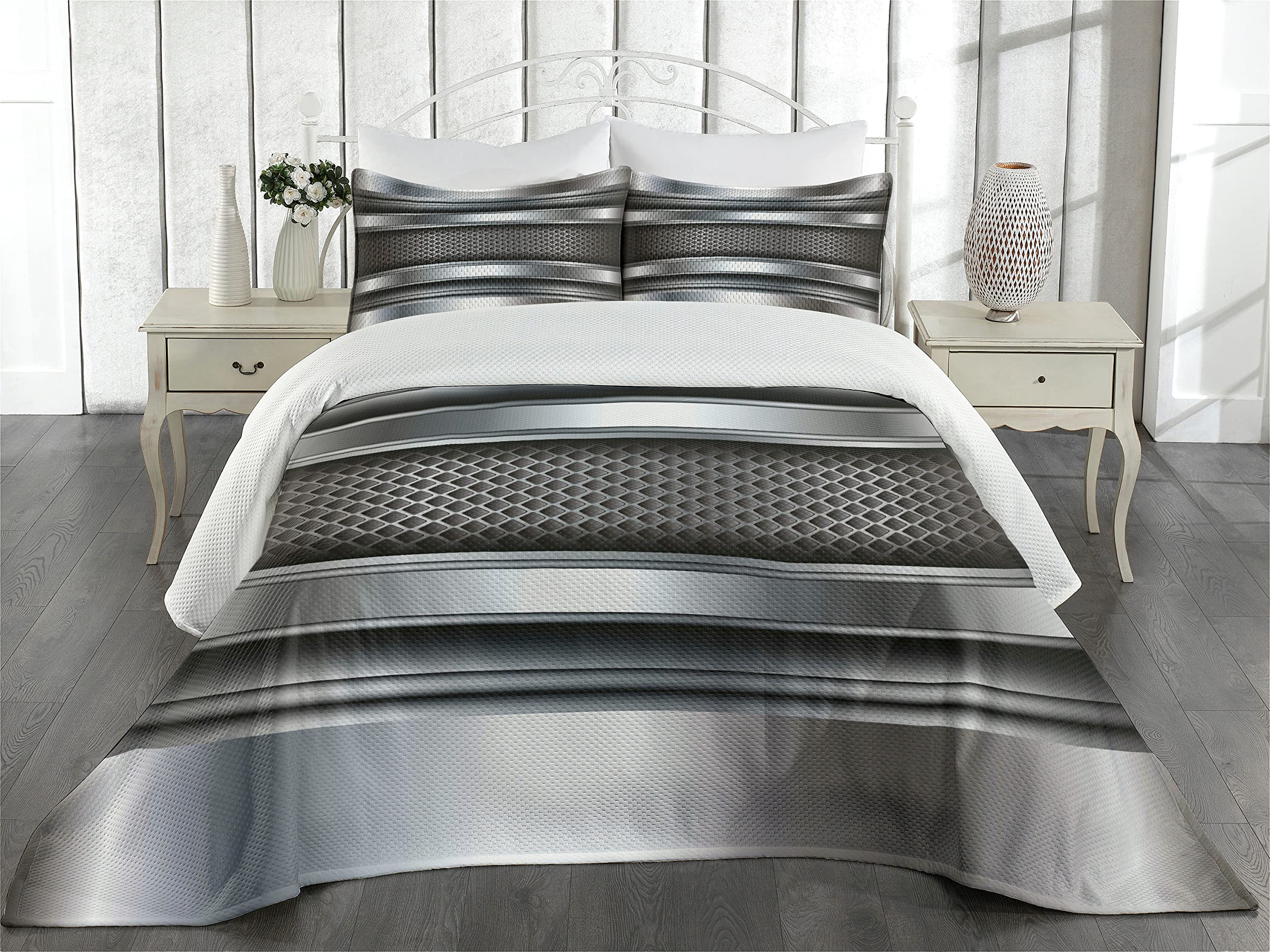 Ambesonne Grey Coverlet, Realistic Vivid Looking Steel Plates Image Heavy Industry Technology Themed Print, 3 Piece Decorative Quilted Bedspread Set with 2 Pillow Shams, King Size, Grey Taupe