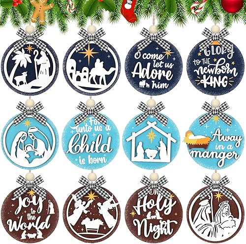 Miniatura 7 de Huwena 24 adornos colgantes de madera 3D de Navidad, redondos, Papá Noel, gnomo, muñeco de nieve, adornos para decoración de árbol de Navidad,