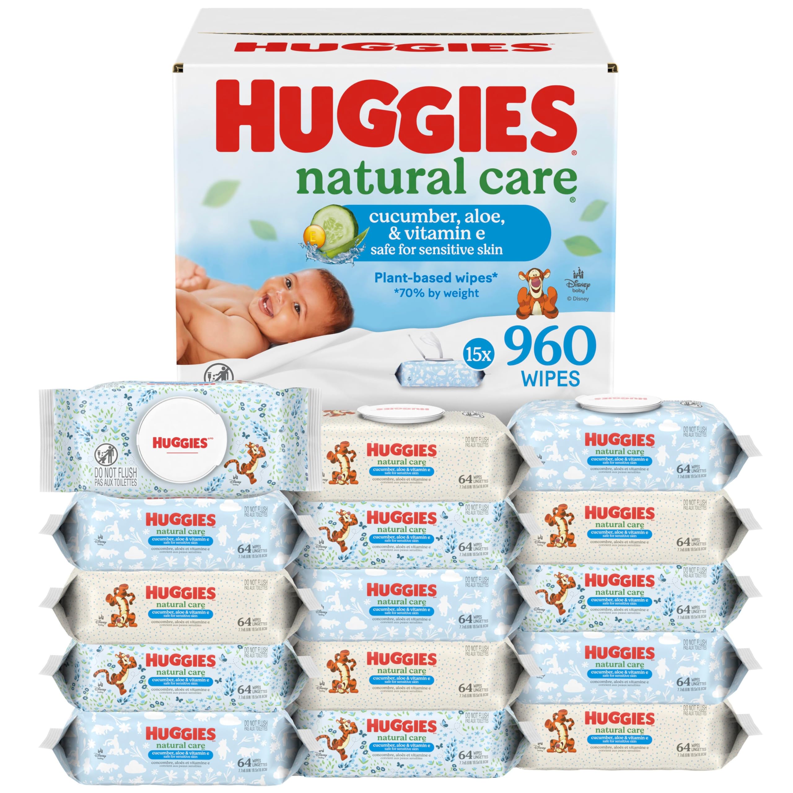 Huggies Natural Care Cucumber, Aloe and Vitamin E Baby Wipes, Hypoallergenic, Scented, 15 Flip-Top Packs (960 Wipes Total), Packaging May Vary