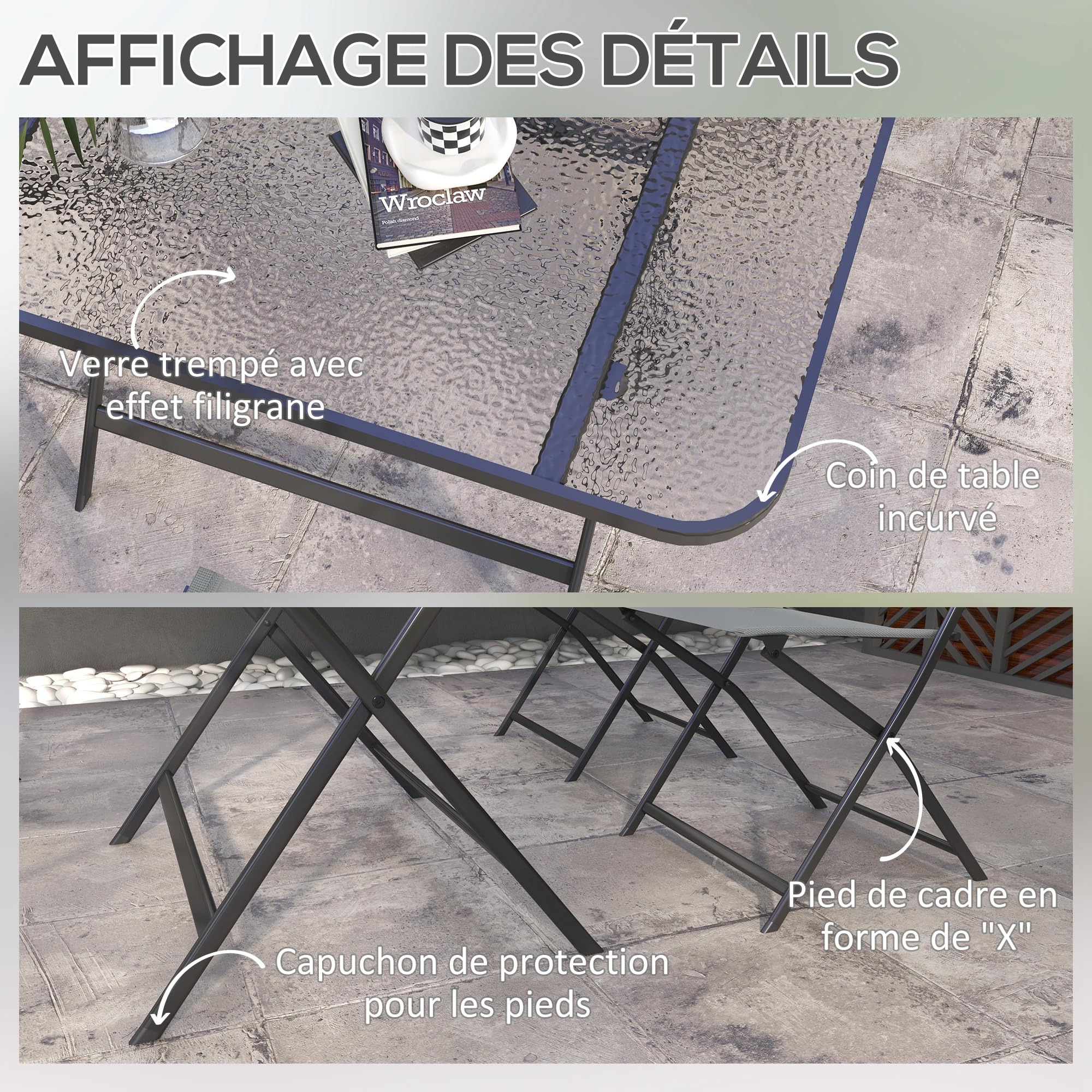 Outsunny Ensemble de Jardin 4 chaises + 1 Table Salon de Jardin 5 pièces pilables chaises textilènes et Plateau en Verre trempé Gris