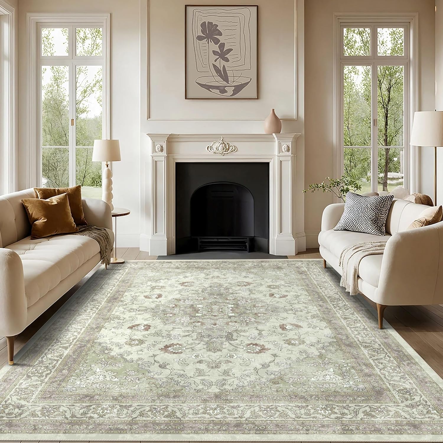 vivorug 8x10 Area Rugs for Living Room, Non-Slip Backing Washable Rug 8x10, Sage Green Large Area Rug Soft Carpet for Bedroom Dining Room, Vintage, Easy Clean, Durable, Low Pile Rug Under Table Floral | Sage 8' x 10' (Rectangular)