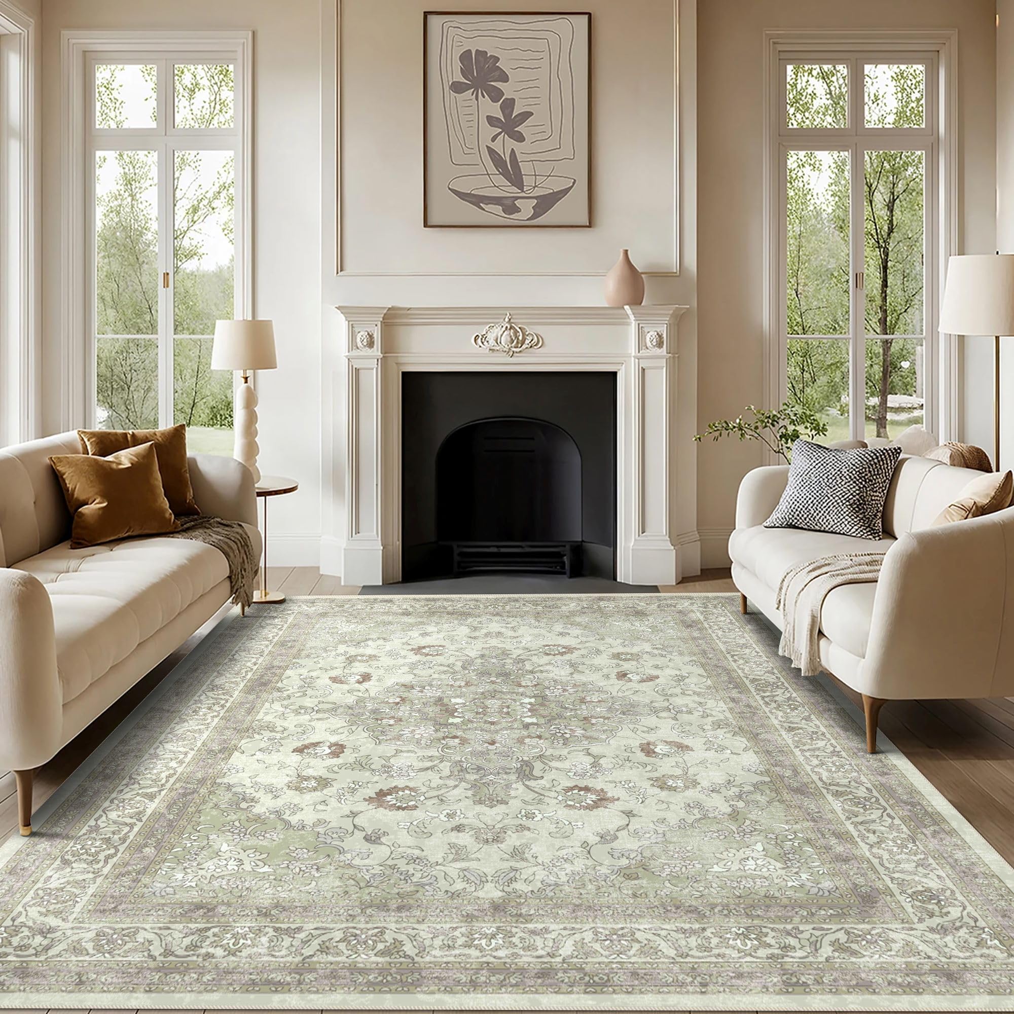 vivorug 6x9 Area Rugs, Ultra-Soft Washable Rug for Living Room Dinner Room Bedroom, Non-Slip Vintage Sage Green Rug, Indoor Carpet Large Area Rug