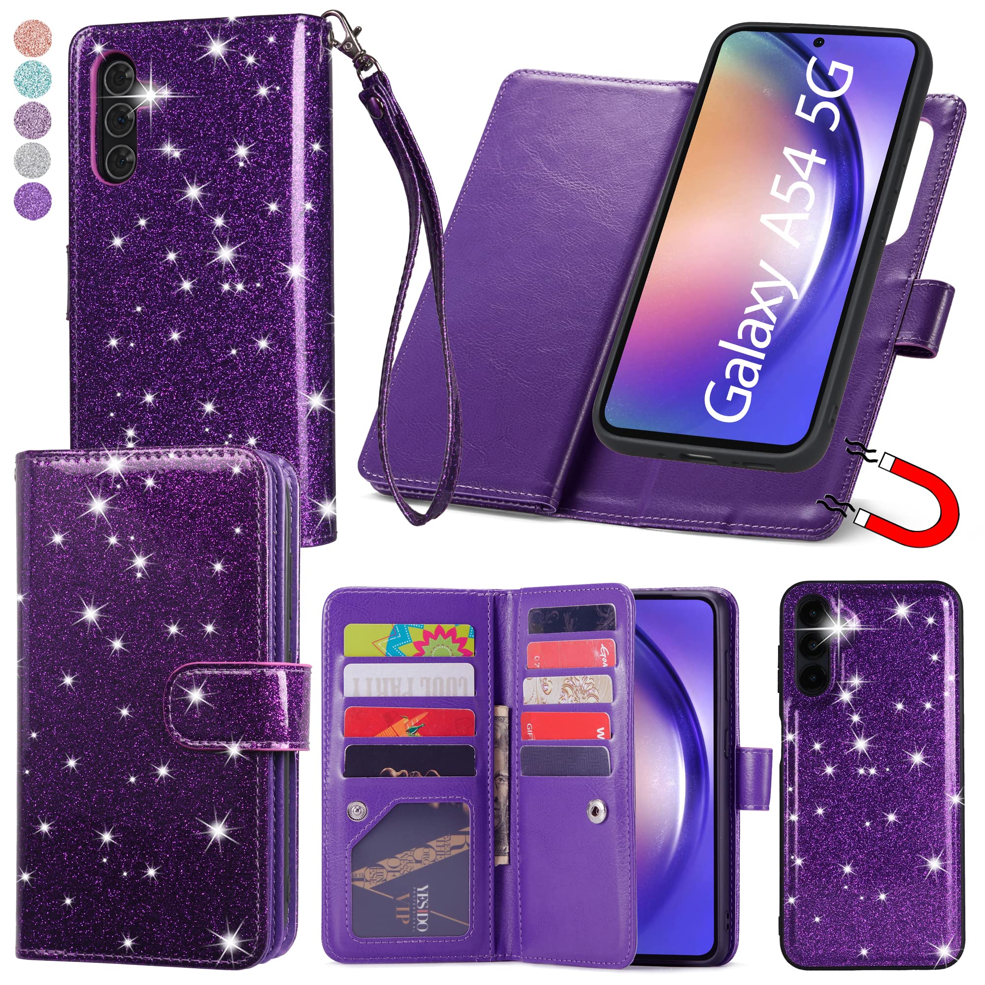Varikke for Galaxy A54 5G Case, Detachable Magnetic for Samsung Galaxy A54 5G Wallet Case with Card Holder Kickstand Wrist Strap Glitter PU Leather Flip Phone Case Women for Samsung A54, Dark Purple