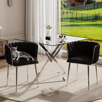 RGZ 3 Pieces Modern Minimalist Square Kitchen Table Set, Clear Glass Dining Table with Black Woven Chairs Set of 2, 36 Silver Luxury Dinner Room Set, for Small Apartment Bedroom Living Room
