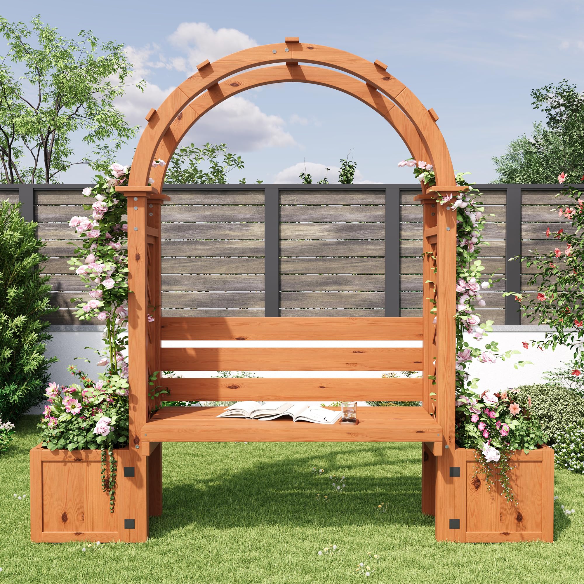 Blumenkasten mit Rankgitter, Pflanzkasten als Sichtschutz für Hof | Für Garten Balkon, Outdoor Pflanzkübel Pflanzgefäß aus Holz, Blumenkübel mit Spalier für Terrasse, 160x160x30,5 cm, Natur
