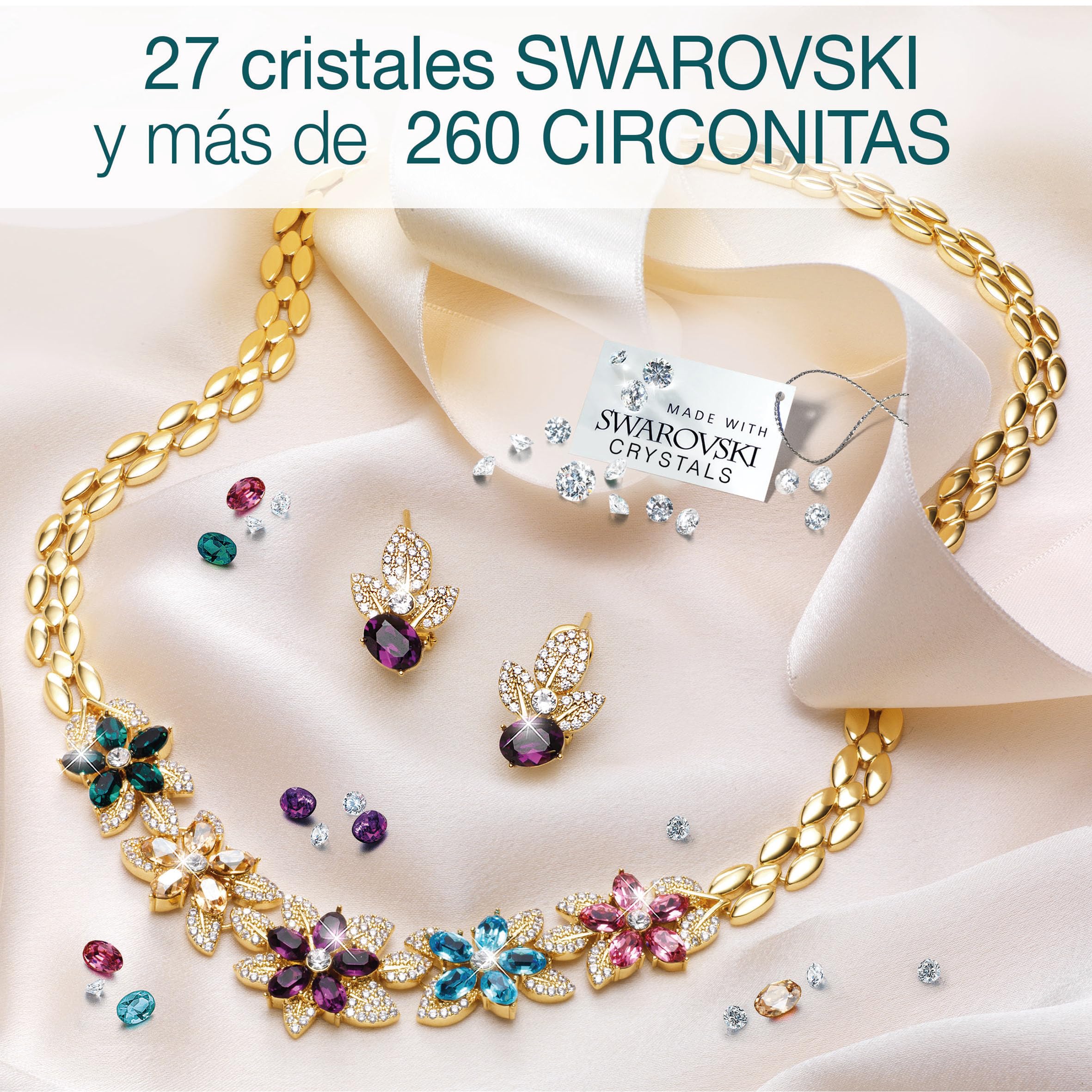 Conjunto BOUQUET DES FLEURS Gargantilla y Pendientes bañados en Oro de 1ª Ley 18K con 27 cristales de Swarovski® y más de 260 Circonitas. Ideal para regalo. Con Pañuelo de diseño para ti