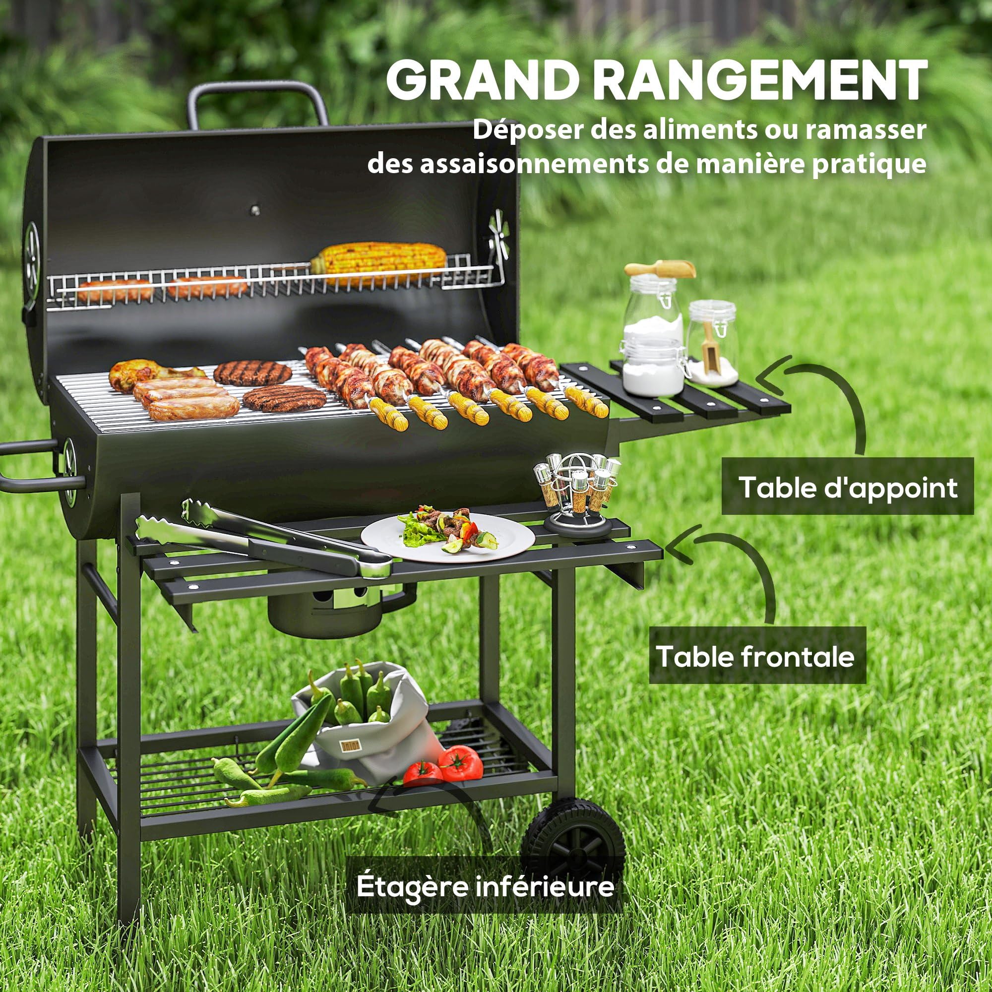 Outsunny Barbecue charbon de bois avec tablette avant pliable, grand barbecue au charbon de bois avec tablette inférieure, grille de cuisson, couvercle avec thermomètre et 2 roues, noir
