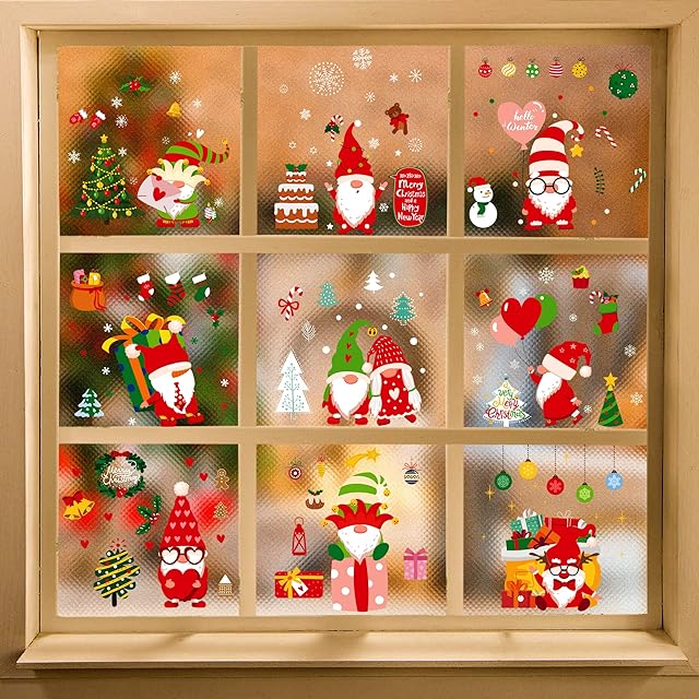 Kaket 9 Sheet Christmas Window Stickers, Christmas Window Clings Snowflake Reindeer Santa Claus, Reusable PVC Window Cling Stickers for Windows Glass Christmas Window Decorations (Style 4)