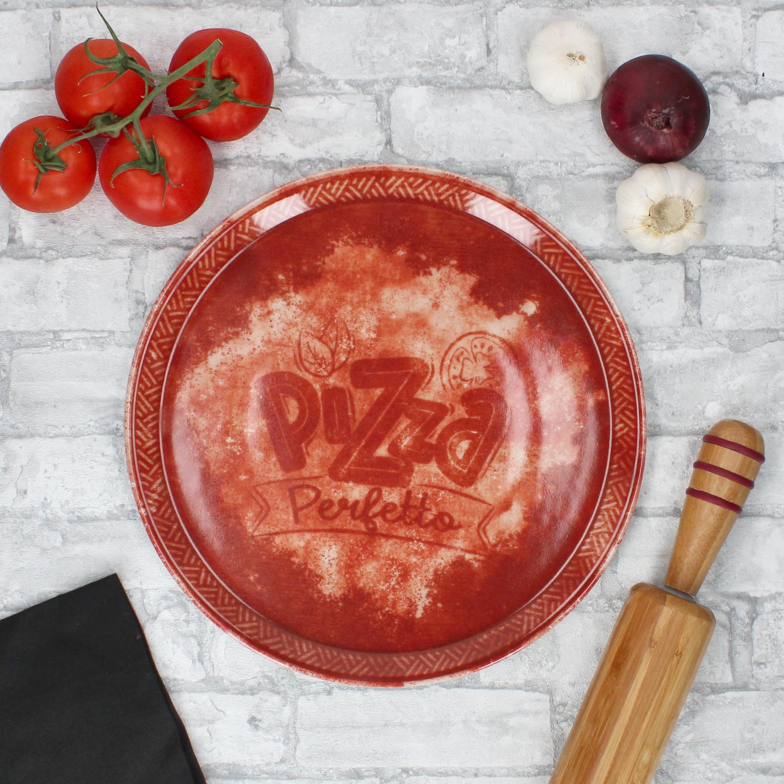 MamboCat Perfetto - Set di 6 piatti per pizza, diametro 31,5 cm, rosso, per 6 persone, in porcellana rustica per pizza, torte flambate e molto altro ancora, grandi piatti piani con decorazioni e