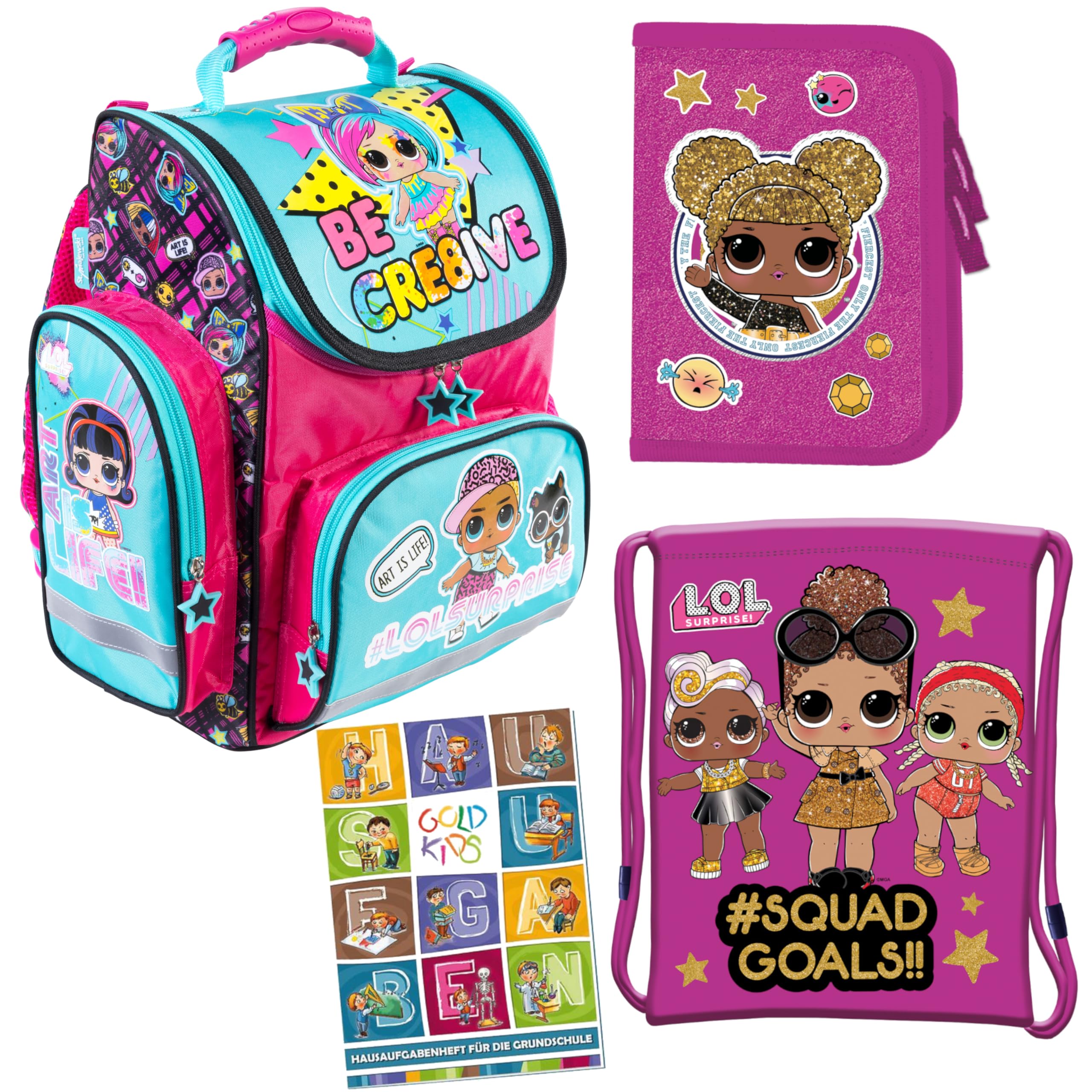 Goldkids - Mochila escolar para niños y niñas, juego de 4 - Mochila escolar para niños con estuche - Bolsa para zapatos y cuaderno de tareas - Diseño LOL - 1-3 Clase
