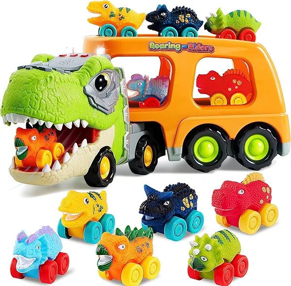 JOYIN Dinosaur Toys for Kids 2-4, Toddler Boy Toys, Dinosaur Carrier Truck with 6 Rubber Car Vehicles, Christmas Birthday Gifts with Music & Lights for 2 3 4 5 Year Old