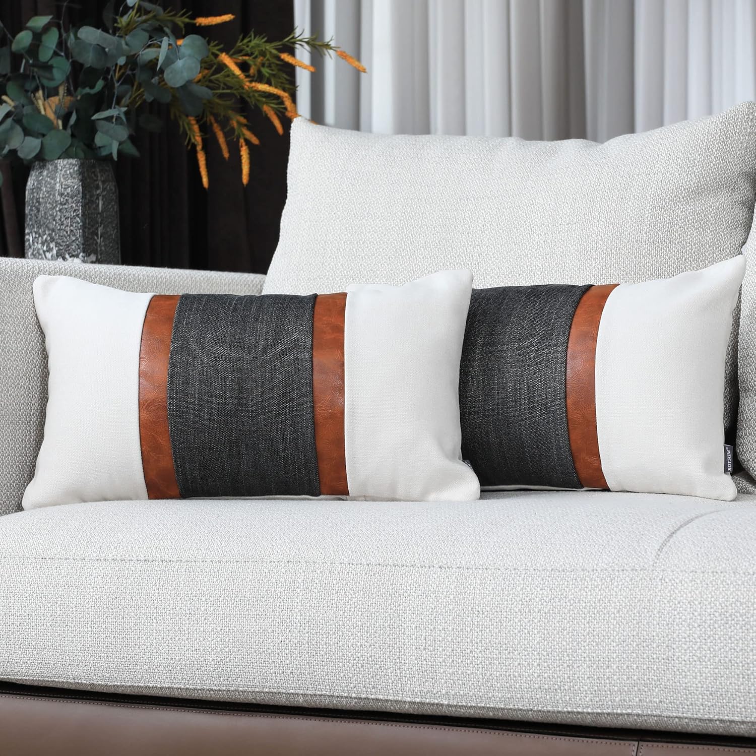 BOYSUM Leather Farmhouse Pillows Cover 12x20 Inch, Beige and Dark Gray Pack of 2 Patchwork Decorative Outdoor Throw Pillow Case for Couch Chair Bedroom (Dark Gray)