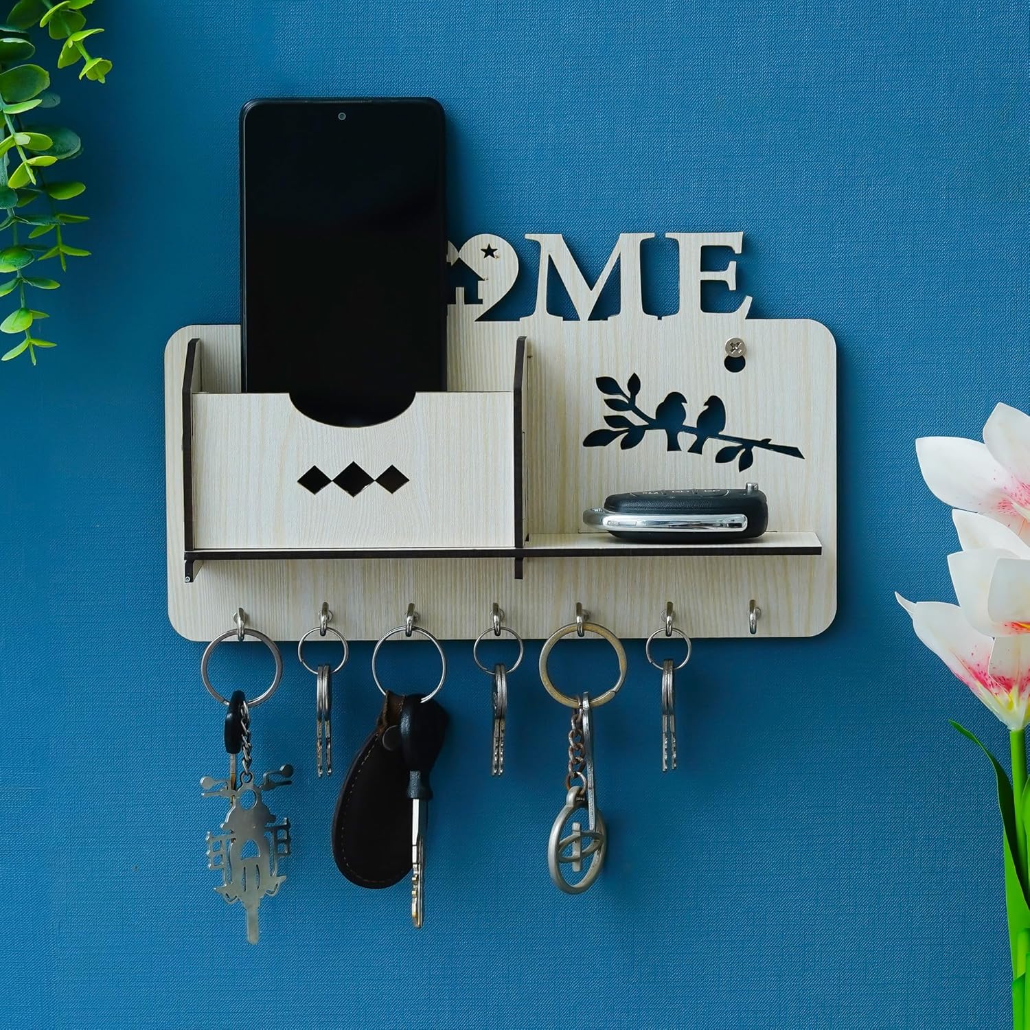 Webelkart Premium Wooden Home Designer with Side Wall Shelf Key Holder for Home/Office Decor,Key Hanger for Wall Decor,Home Decor Item (10″ Inches)