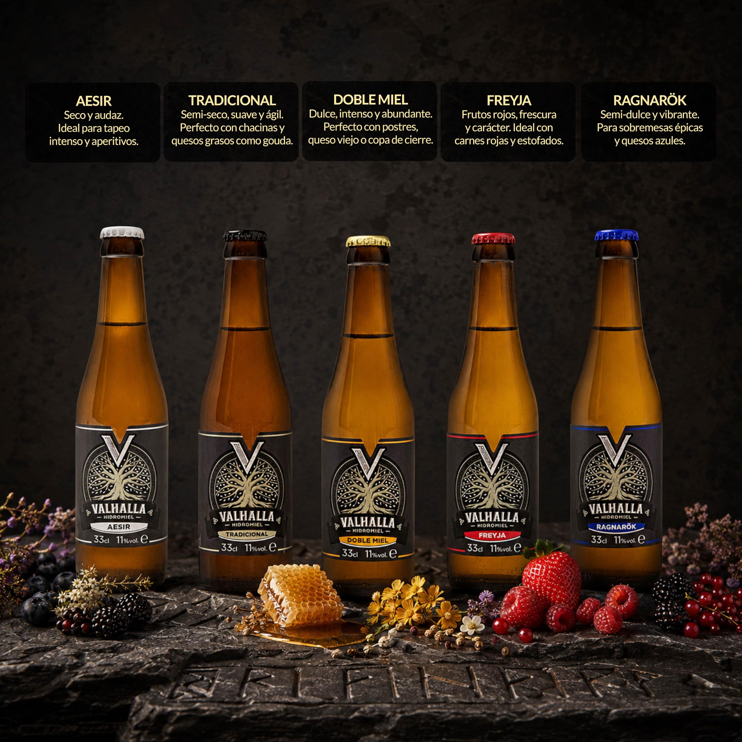 Valhalla Hidromiel Pack Degustación | Surtido 5 Variedades Estilo Cerveza Vikinga Sin Gluten ni Sulfitos | Miel de Flores con Sabores Artesanales | Selección Premium | 12 Botellines de 33cl
