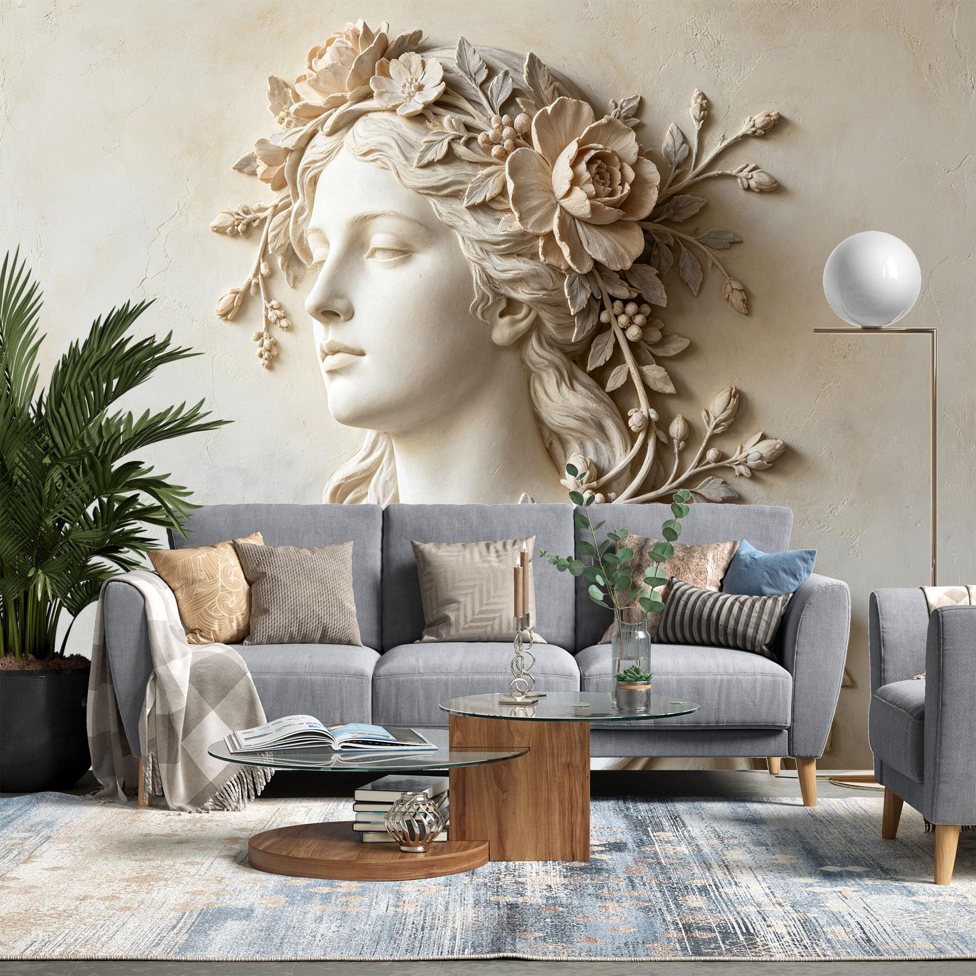 Papier Peint Mural 3D Intissé 300 x 210 cm Aspect Gaufré Représentant Une Déesse Classique Avec Une Couronne Fleurs Décoration Fresque Murale Idéale pour le Salon la Chambre Ou Toute Autre Pi