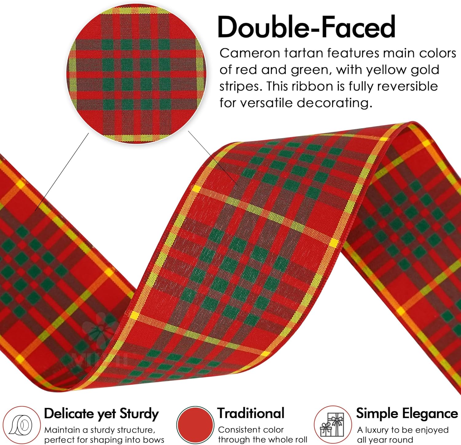 MEEDEE Cameron Tartan Wired Ribbon 2.5 inch with 25 Yards Gingham Check in Red, Green and Yellow Scottish Plaid Polyester Ribbon for Christmas Tree, Wreaths, Bows, Gift Wrap, Weddings, Holiday Crafts