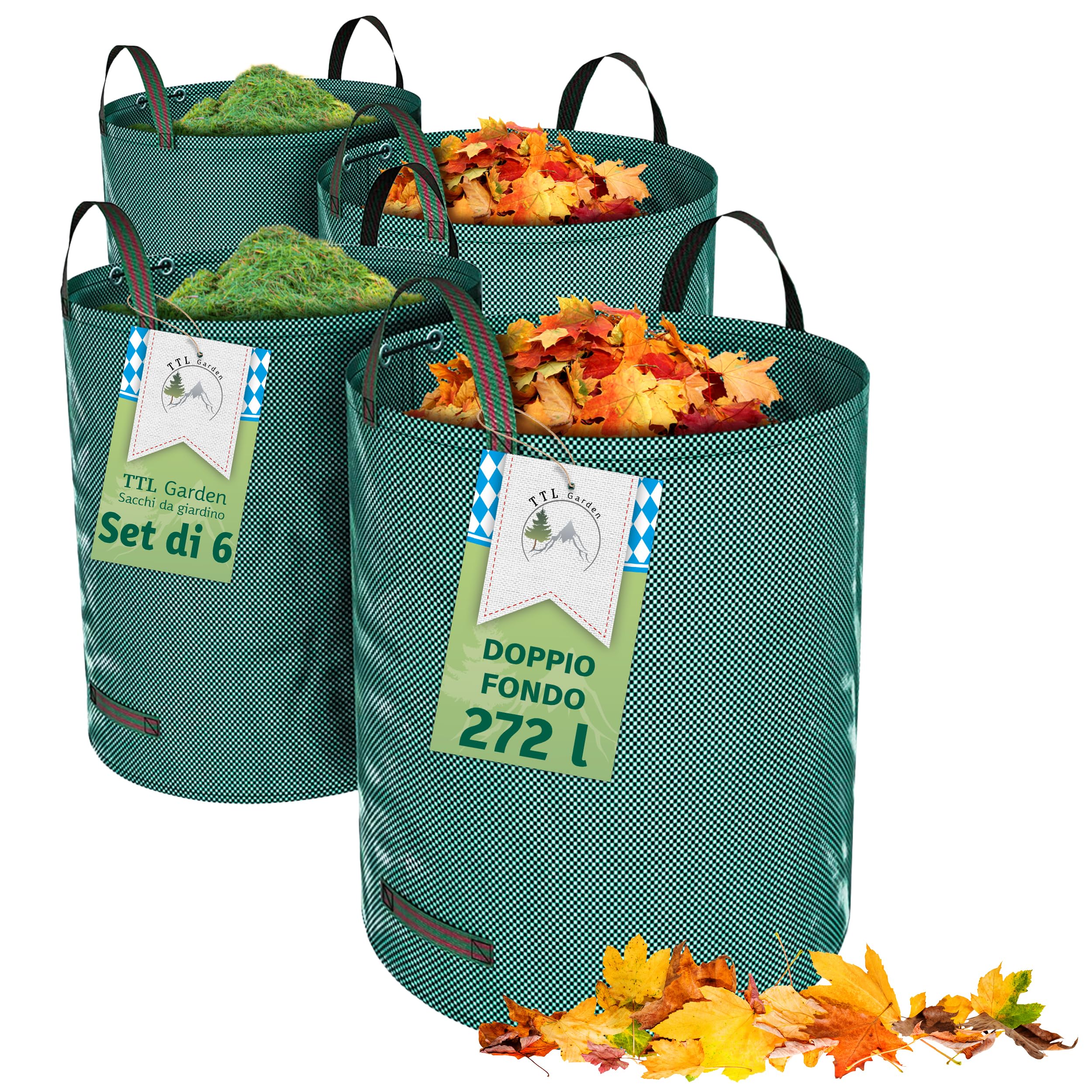 TTL GARDEN 6 sacchi da giardino da 272 l, doppio fondo extra stabile, 4 manici, 150 g/mq, robusti e pieghevoli, set da 6 pezzi da 272 litri, sacco da giardino per fogliame, siepe, rifiuti da giardino