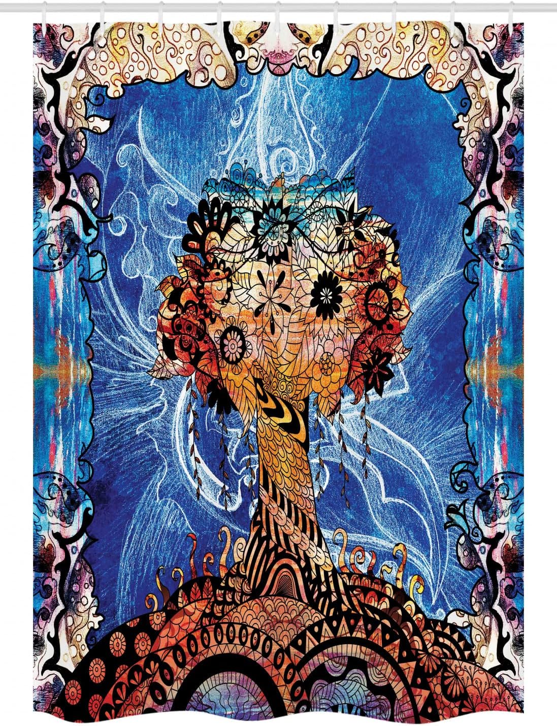 Ambesonne Trippy Stall Shower Curtain, Indie Style Sketchy Retro Tree with Flower Forms on Paisley Backdrop Abstract Image, Fabric Bathroom Decor Set with Hooks, 54" W x 78" L, Blue Brown