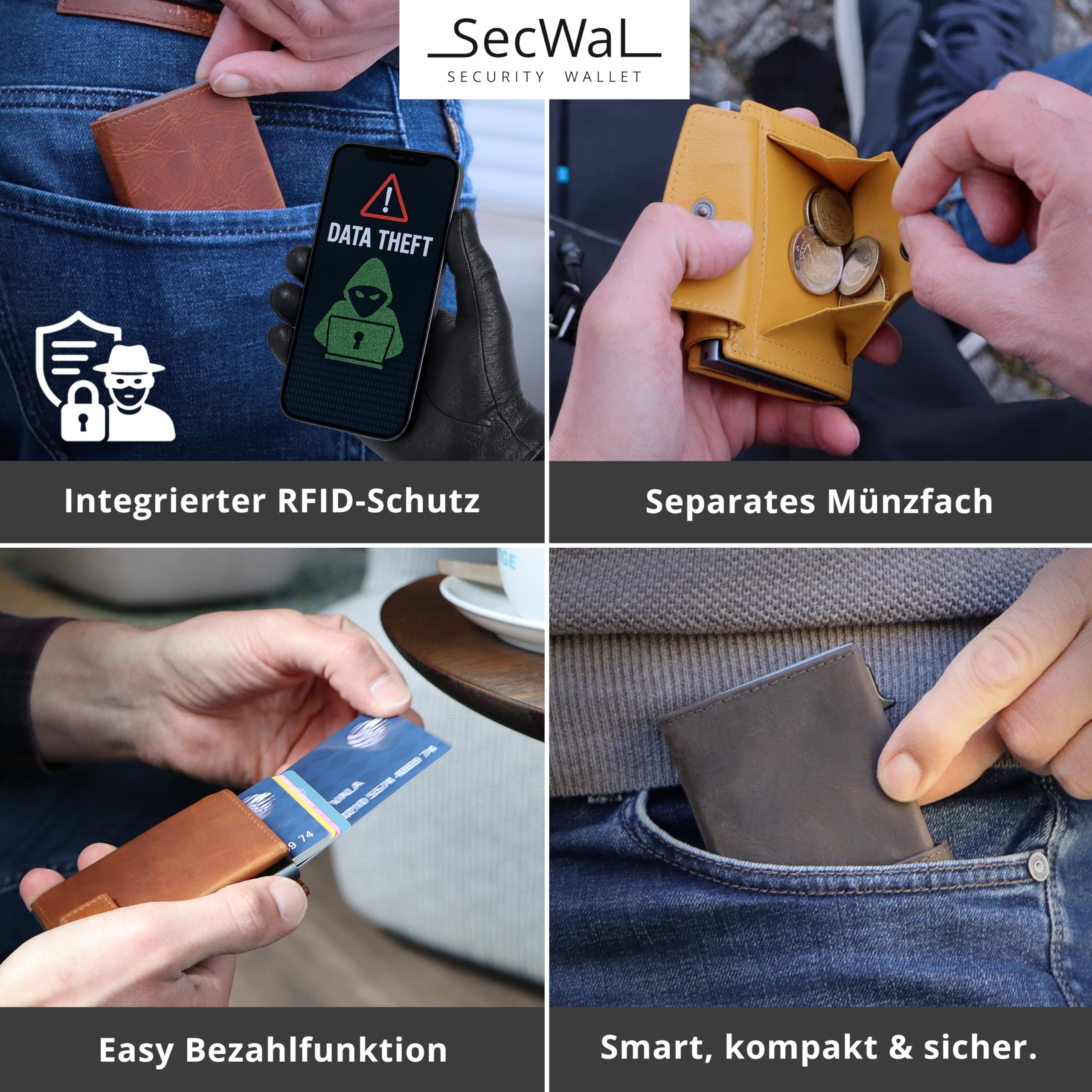 SecWal Kartenetui Prägung Hirsch mit Münzfach Druckknopf inkl. Geschenkbox - Echtleder Mini Geldbörse für Damen und Herren - RFID Schutz Portemonnaie Leder - Geldbeutel Motiv Prägung Hirsch
