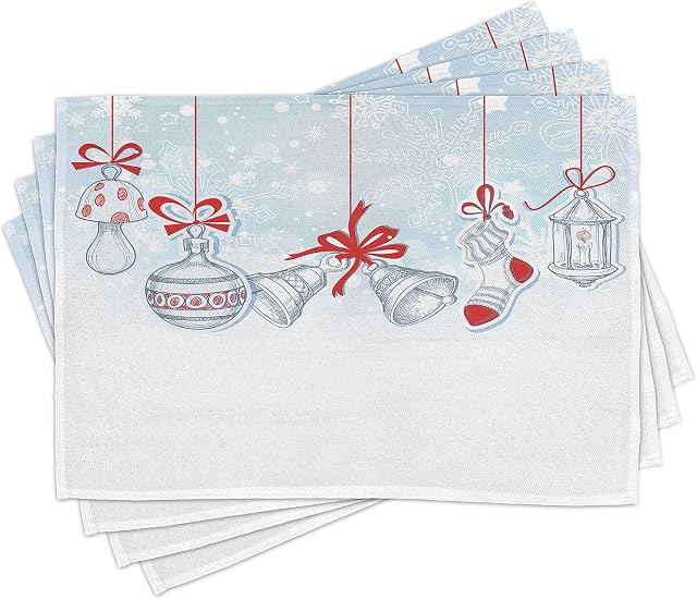 ABAKUHAUS Christmas Place Mats Set of 4, Retro, Washable Fabric Placemats for Dining Room Kitchen Table Decor, White Orange and Blue