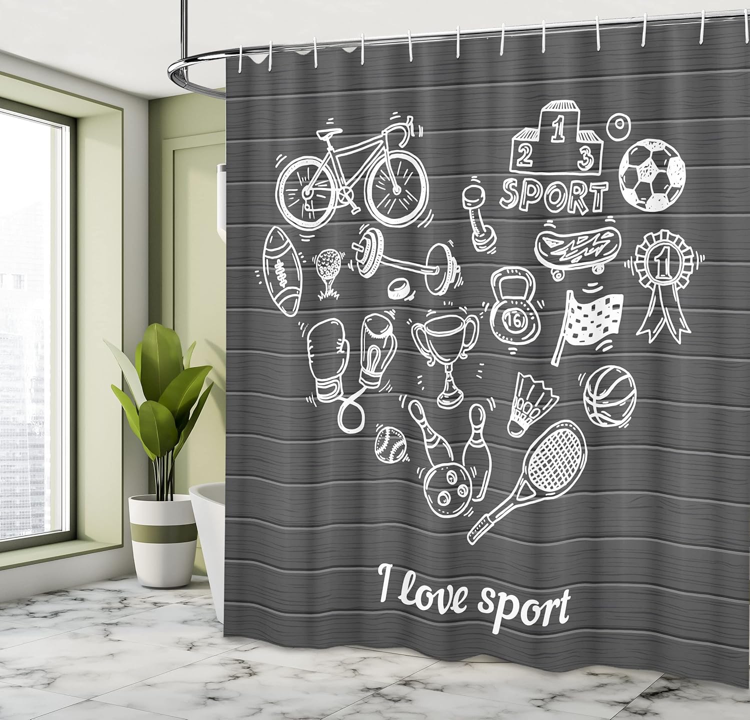 Ambesonne Sports Shower Curtain, I Love Sport Heart Shape Doodle Artwork Bicycle Weights Boxing Activity Print, Cloth Fabric Bathroom Decor Set with Hooks, 69" W x 70" L, Dimgrey White