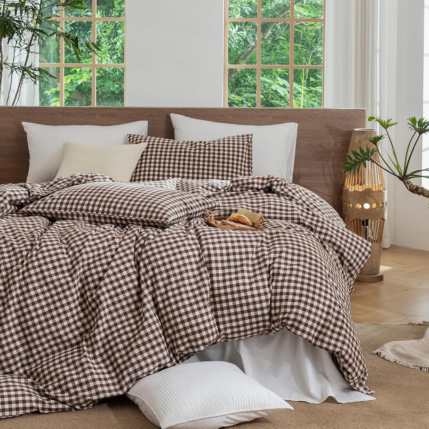 MooMee Gingham Duvet Cover Set 100% Washed Cotton Linen Like Textured Breathable Durable Soft Comfy Modern Checkered Design (Classic Gingham Cocoa Brown, Queen 90"x90")