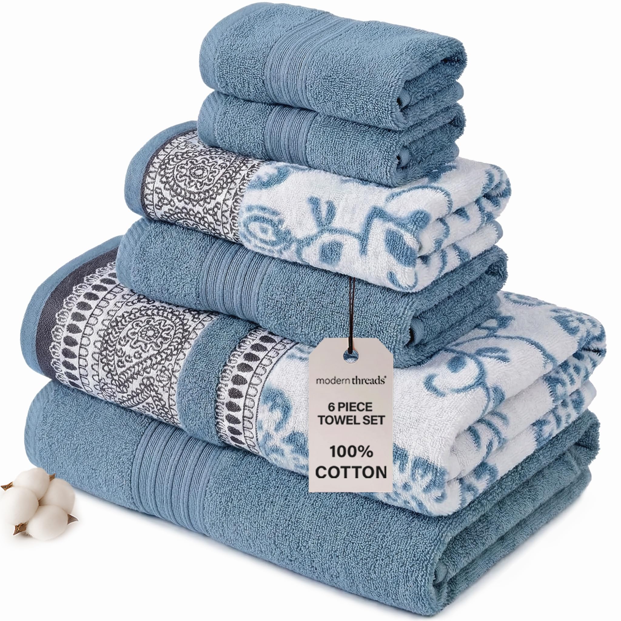 Modern Threads 6 Piece Set, 2 Bath Towels, 2 Hand Towels, 2 Washcloths Yarn Dyed Jacquard/Solid Towel Set Ophelia Blue