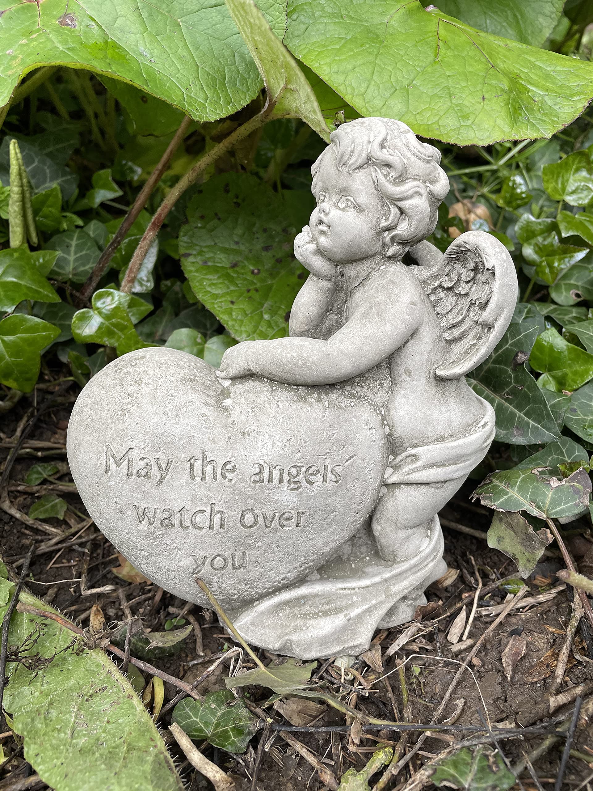 Burgess Home & Garden Gray/Brown Cherub W Heart Stone Statue | Reconstituted Angel Nymph Outdoor Garden Ornament