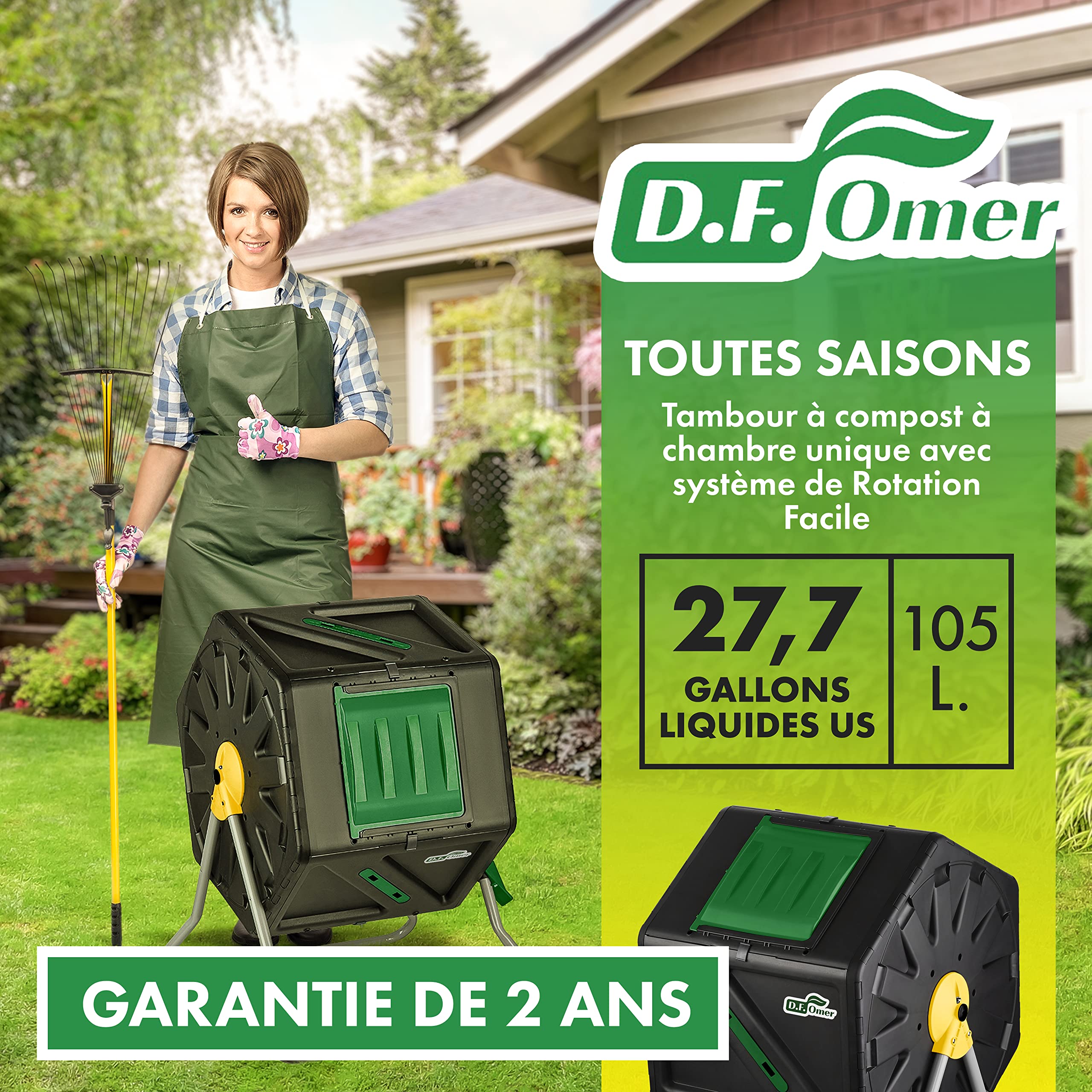 Composteur de Jardin à Chambre Unique DF OMER pour Le Jardinage en Plein Air - Grand Volume, Conception Compacte, Capacité De 105 litres - Composteur Rotatif Roulant Résistant