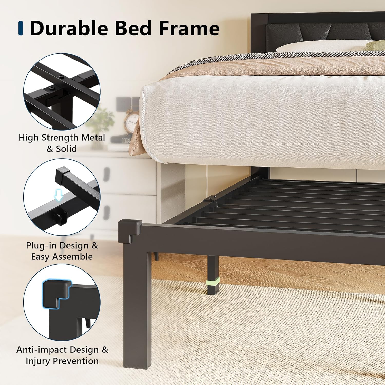 Close-up of durable metal bed frame structure and plug-in design