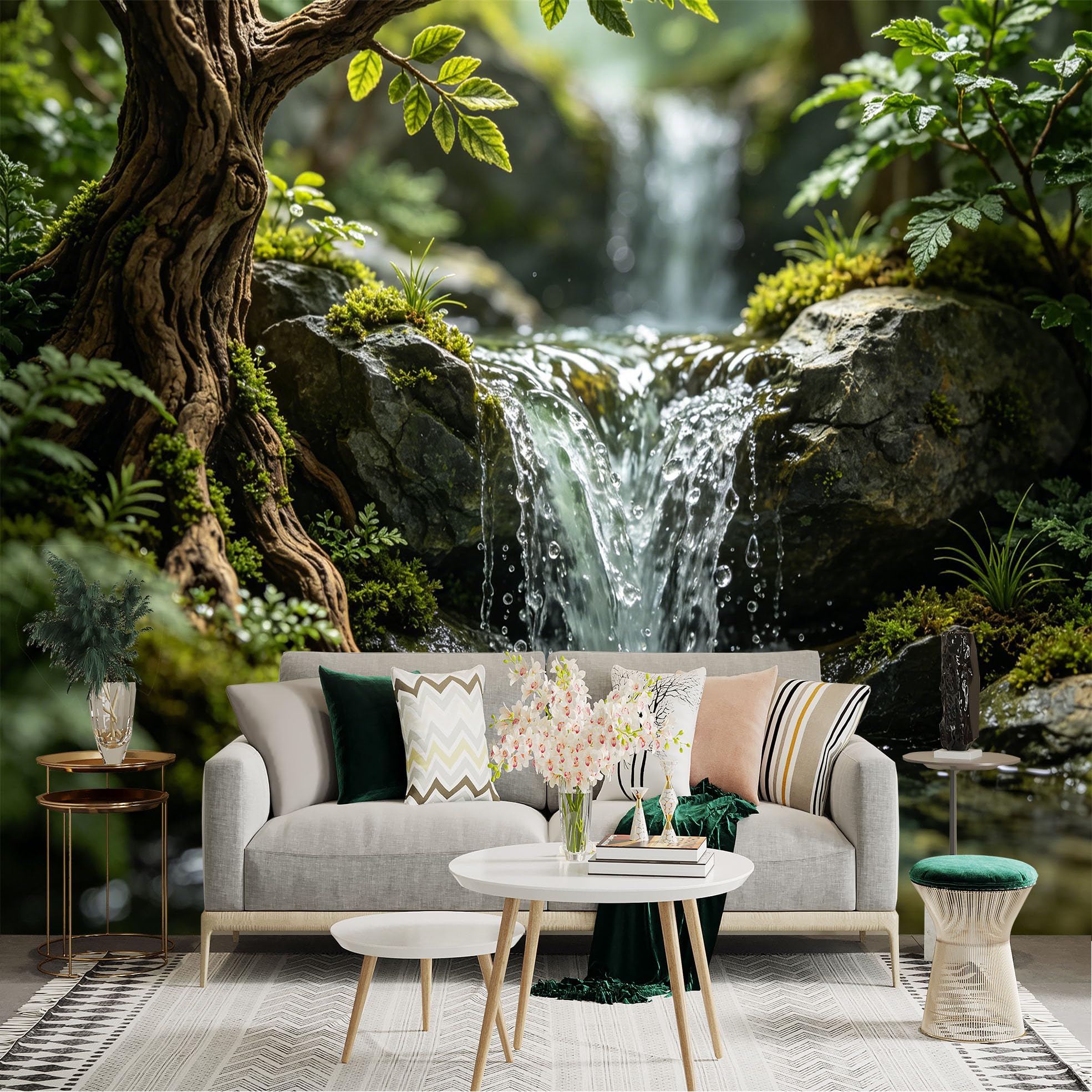 Lnzczhyre Dbh260521584 Custom Size Wall Sticker Mural， Serene Forest Waterfall， Flowing Stream Over Rocks， Lush Green Woodland Scenery， For Wall Decoration， Peelandstick Wall Decals.