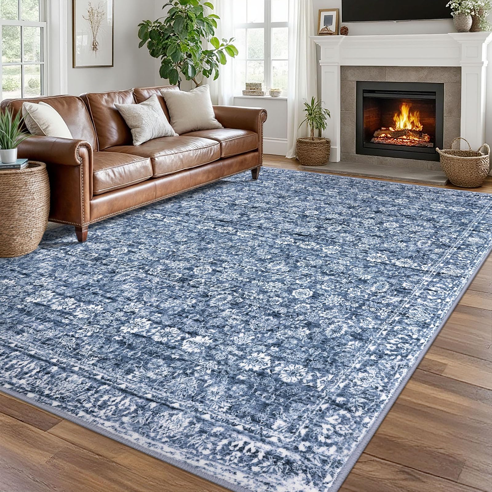 SIILOOM 8x10 Area Rug Blue, Vintage Floral Large Washable Rug for Living Room Non-Slip Ultra Soft Bedroom Rug Tribal Traditional Farmhouse Carpet for