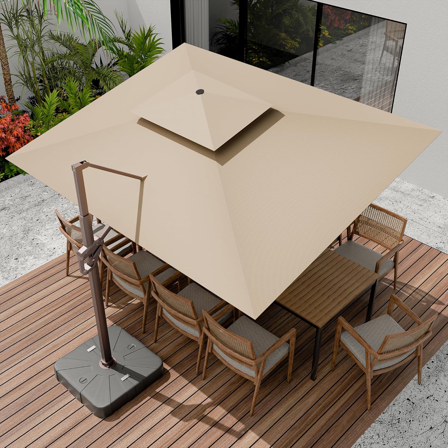 10 X 13 FT Cantilever Outdoor Patio Umbrella with Base Included Large Heavy Duty 360° Rotation Double Top Offset Rectangular Umbrellas with Led Lights for Backyard Outside Deck, Beige - Image 7