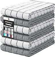 Homaxy Premium 100% Cotton Kitchen Towels 16x28in, 390 GSM Super Absorbent Terry Dish Towels, Soft Hanging Loop Tea Towels, Grey Check, 6 Pack