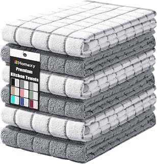 Homaxy 390 GSM Premium Cotton Kitchen Towels 16x28 Inch Super Absorbent Terry Dish Cloths Grey Check 6 Pack