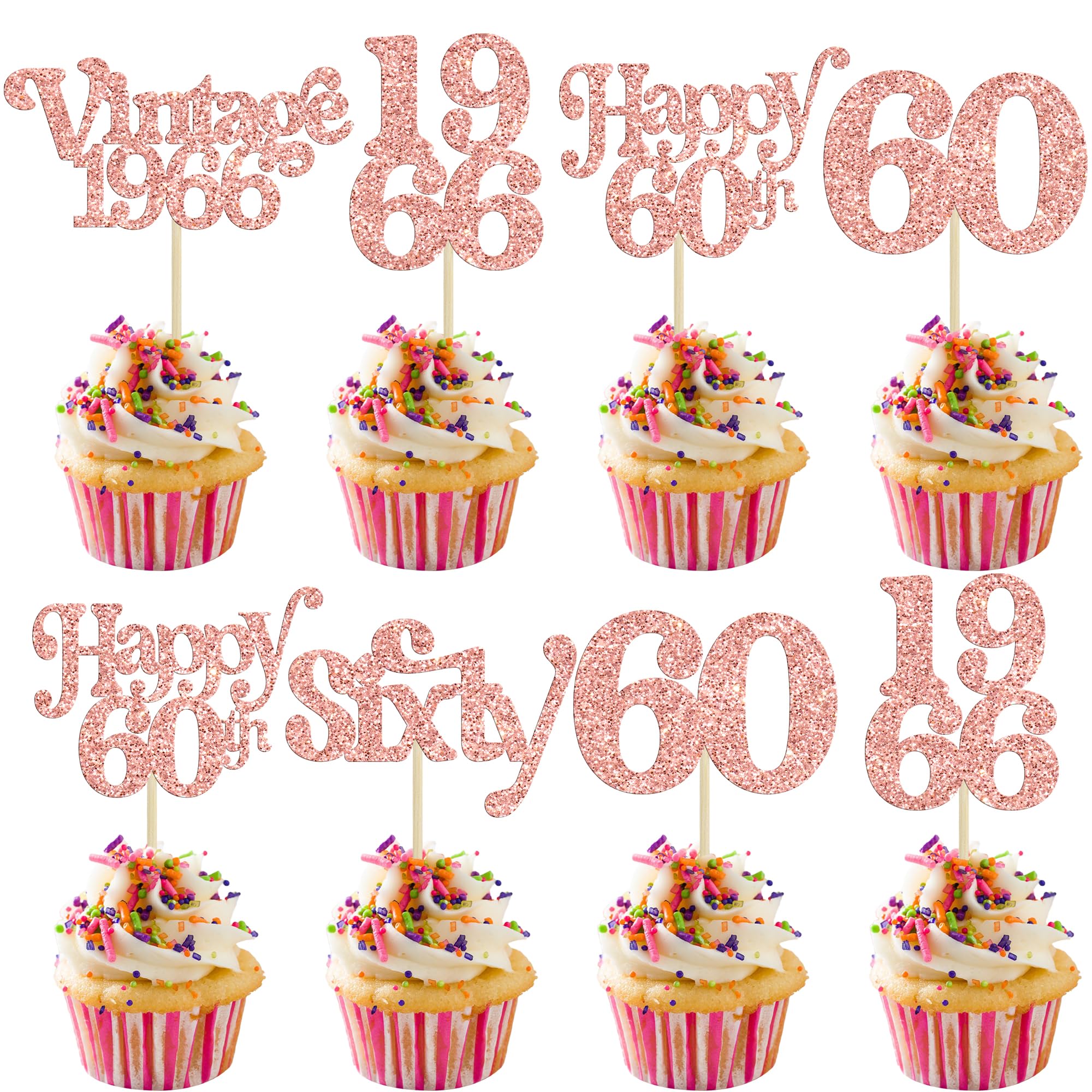 Gyufise 30Pcs 60th Birthday Cupcake Toppers Vintage 1966 Cheers to 60 Fabulous Sixty Cupcake Picks Decorations for 60th Birthday Wedding Anniversary Party Cake Decorations Supplies Rose Gold